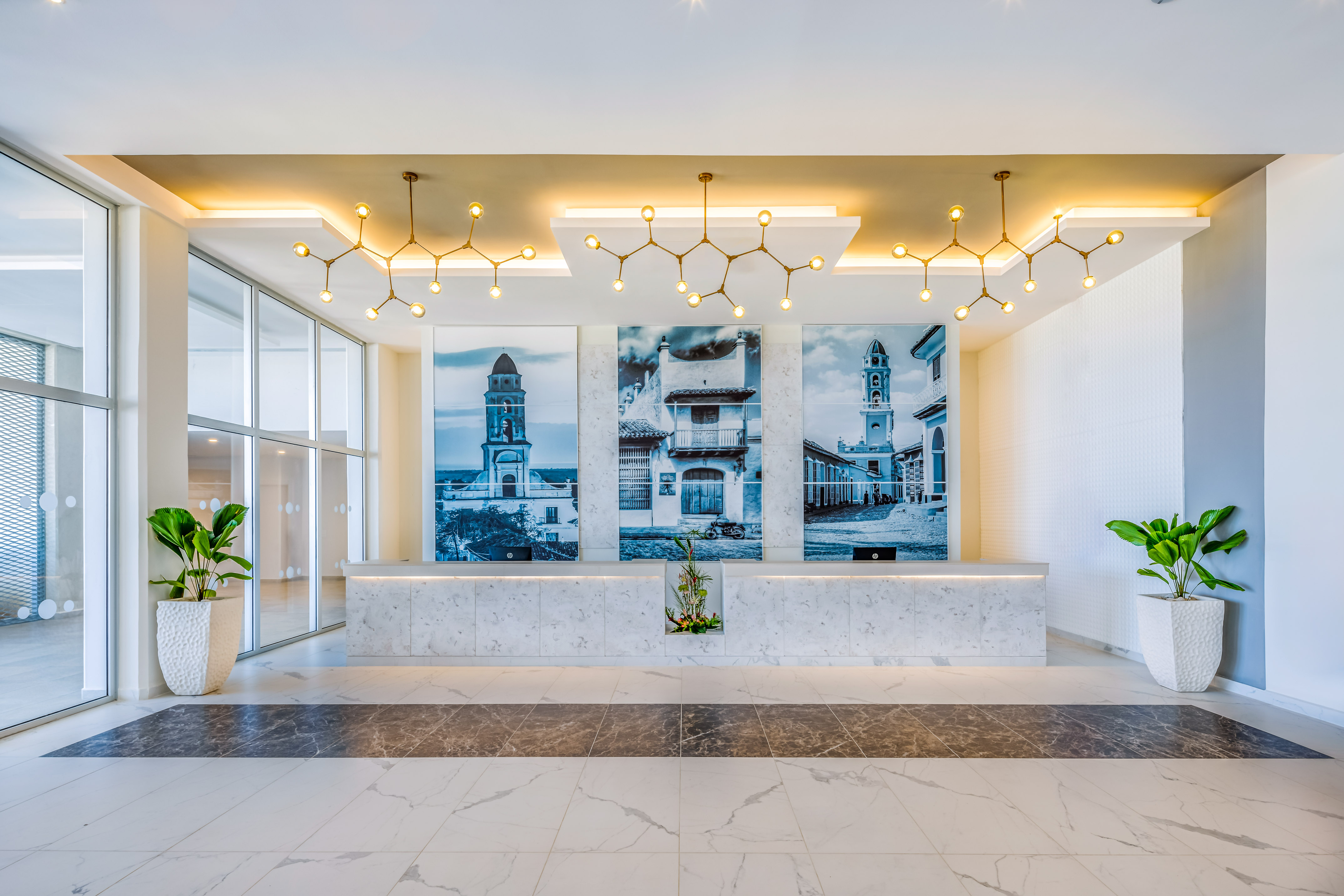 a white and marble reception area with a large plant and a large window