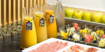 a table with food and drinks