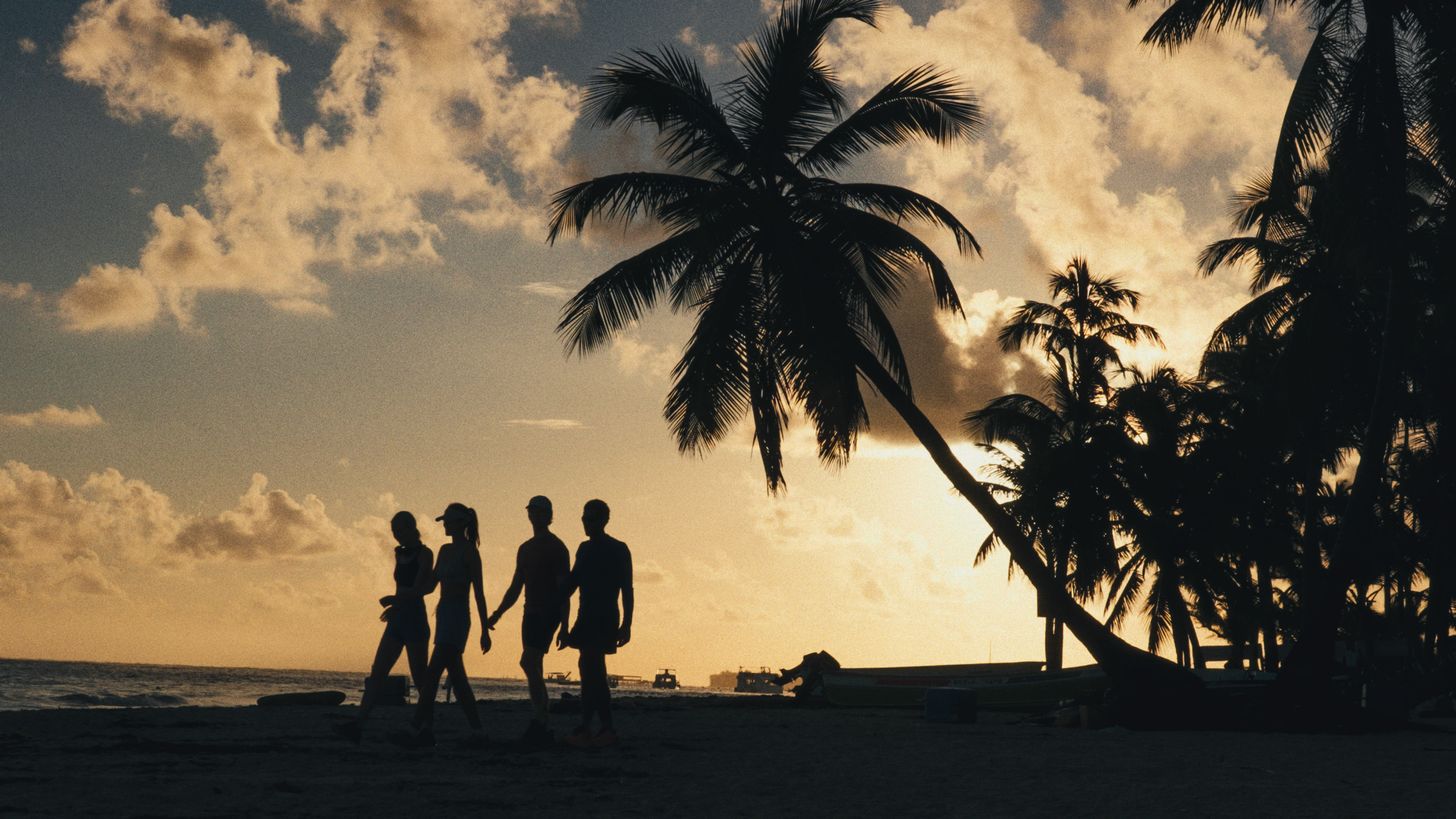 Silhouetted people walking tropical beach at sunset with palm trees and ocean.