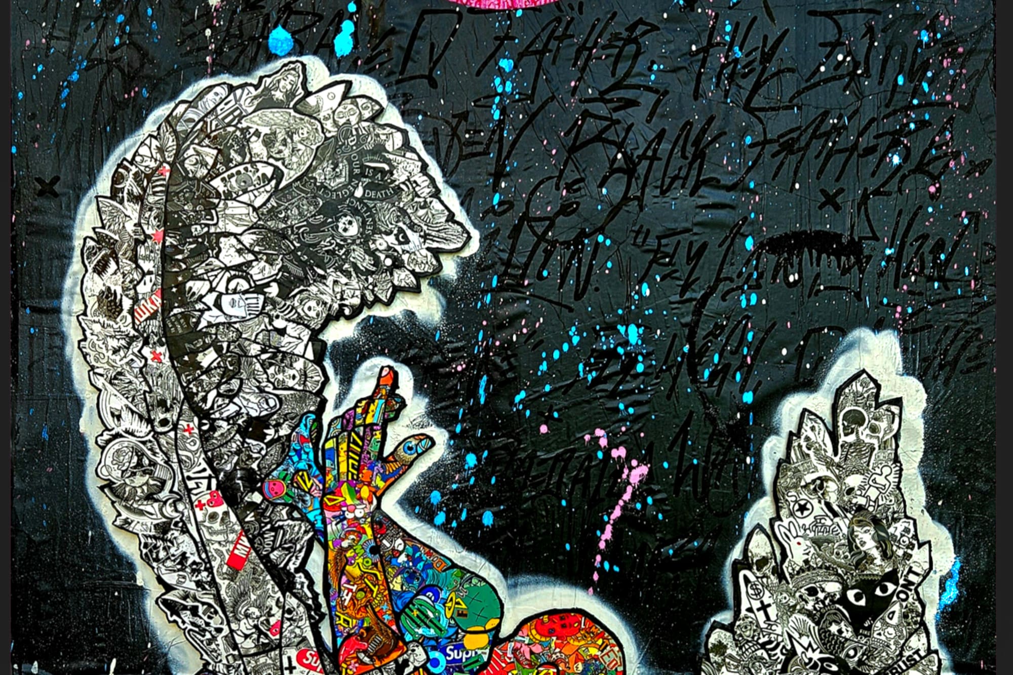 a painting of a person with wings and a pink circle