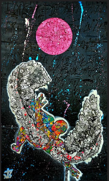 a painting of a person with wings and a pink circle