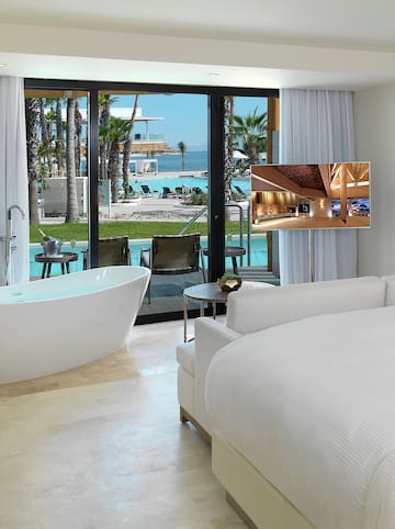 a room with a bathtub and a pool