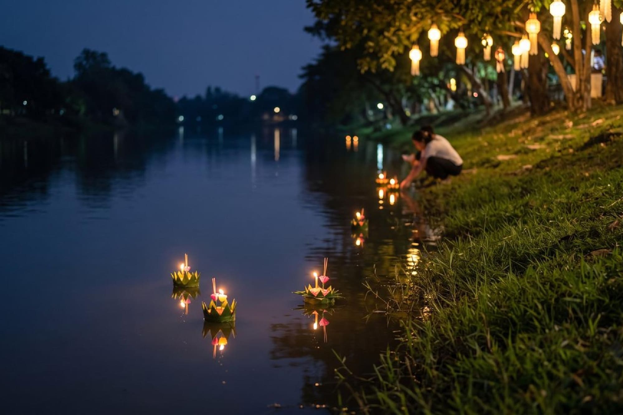 Night river scene: Woman releases candle-lit krathongs, lanterns illuminate trees.