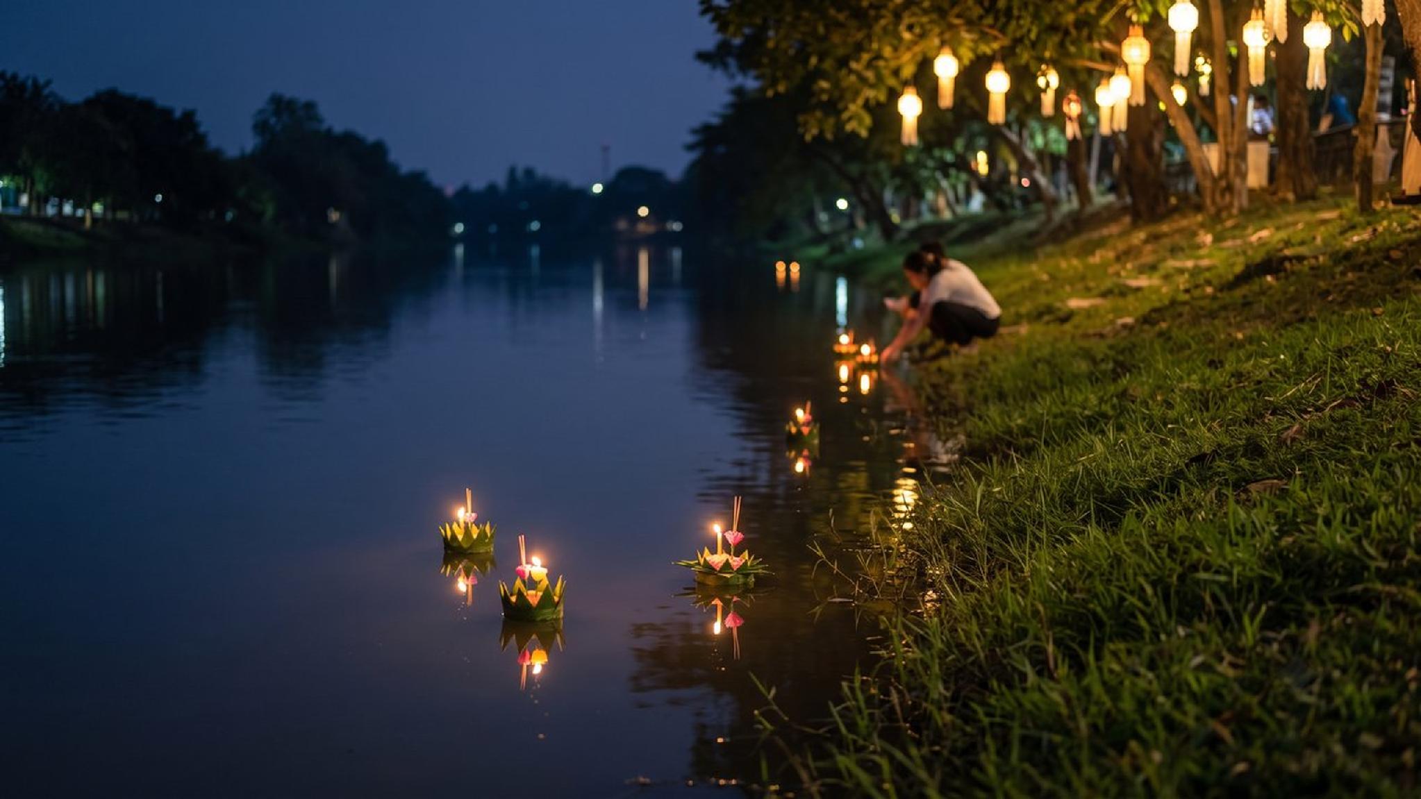 Night river scene: Woman releases candle-lit krathongs, lanterns illuminate trees.