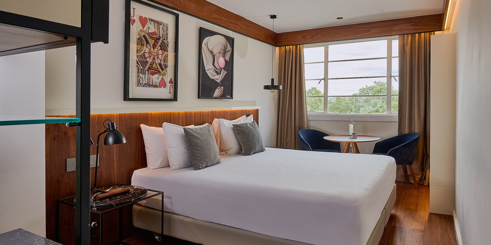 a room with a bed and a table