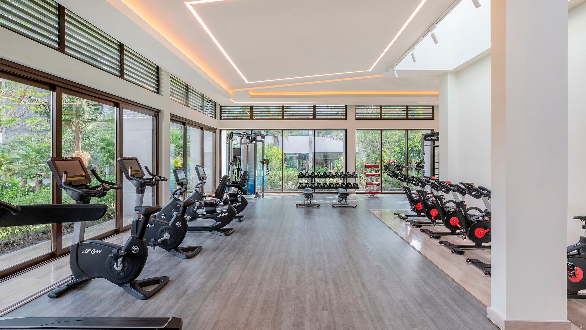 a large room with exercise bikes