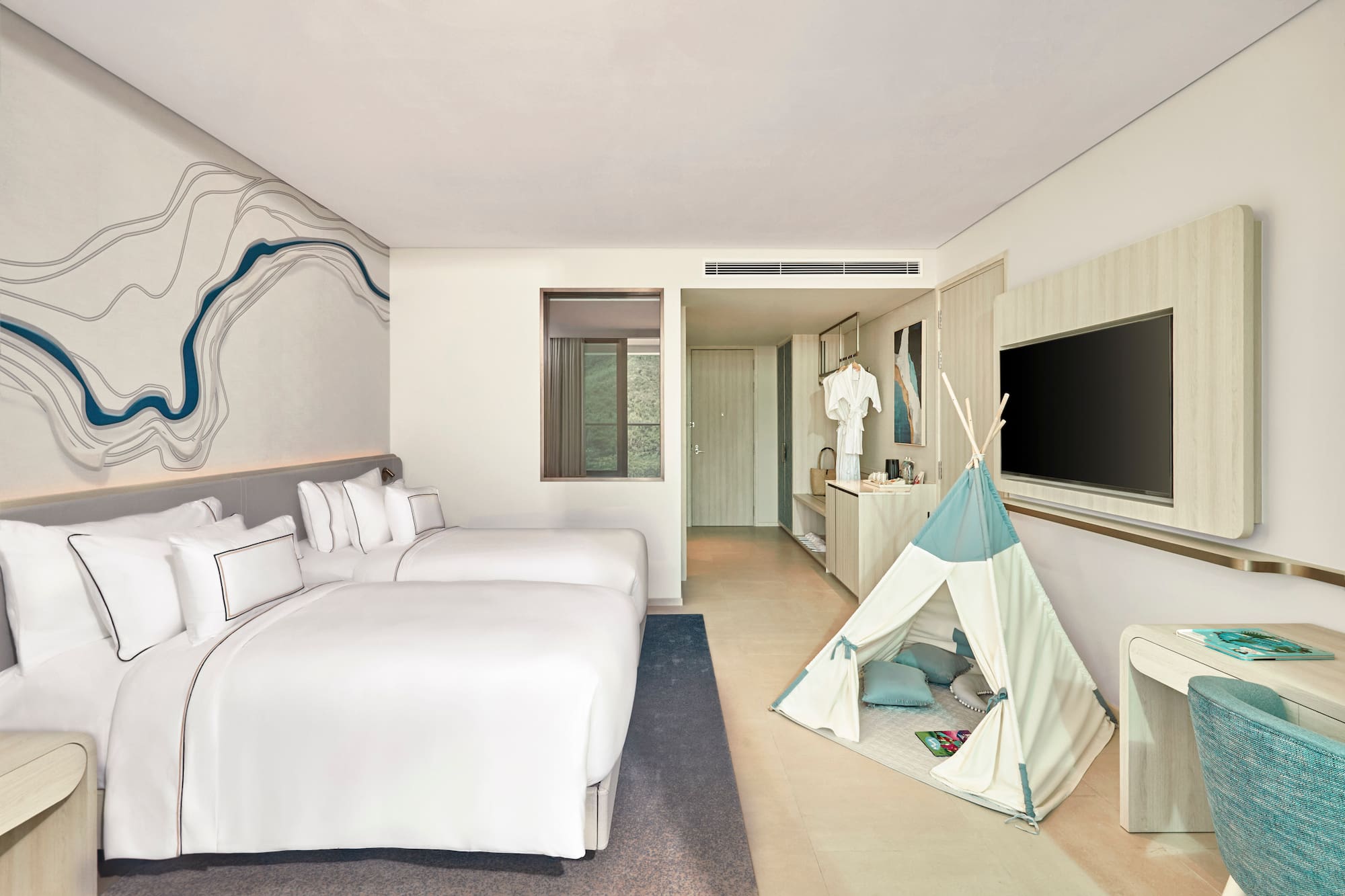 Modern hotel room with two beds, unique wavy wall art, and a children's teepee.