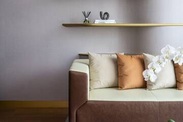 a couch with pillows and a shelf with books