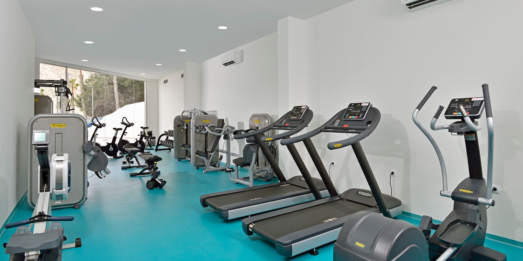 Modern gym with Technogym cardio, treadmills, and weight machines.