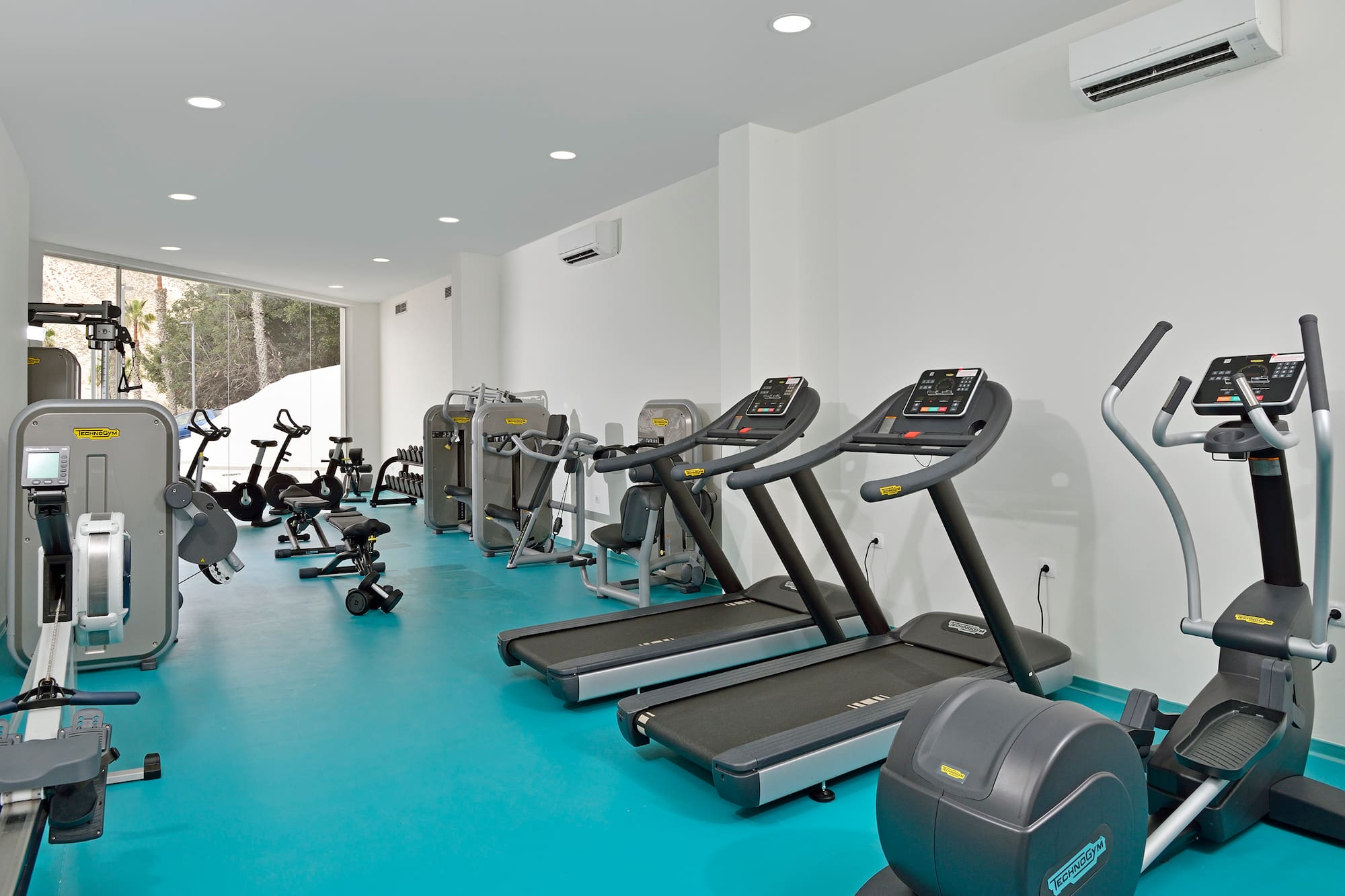 Modern gym with Technogym cardio, treadmills, and weight machines.
