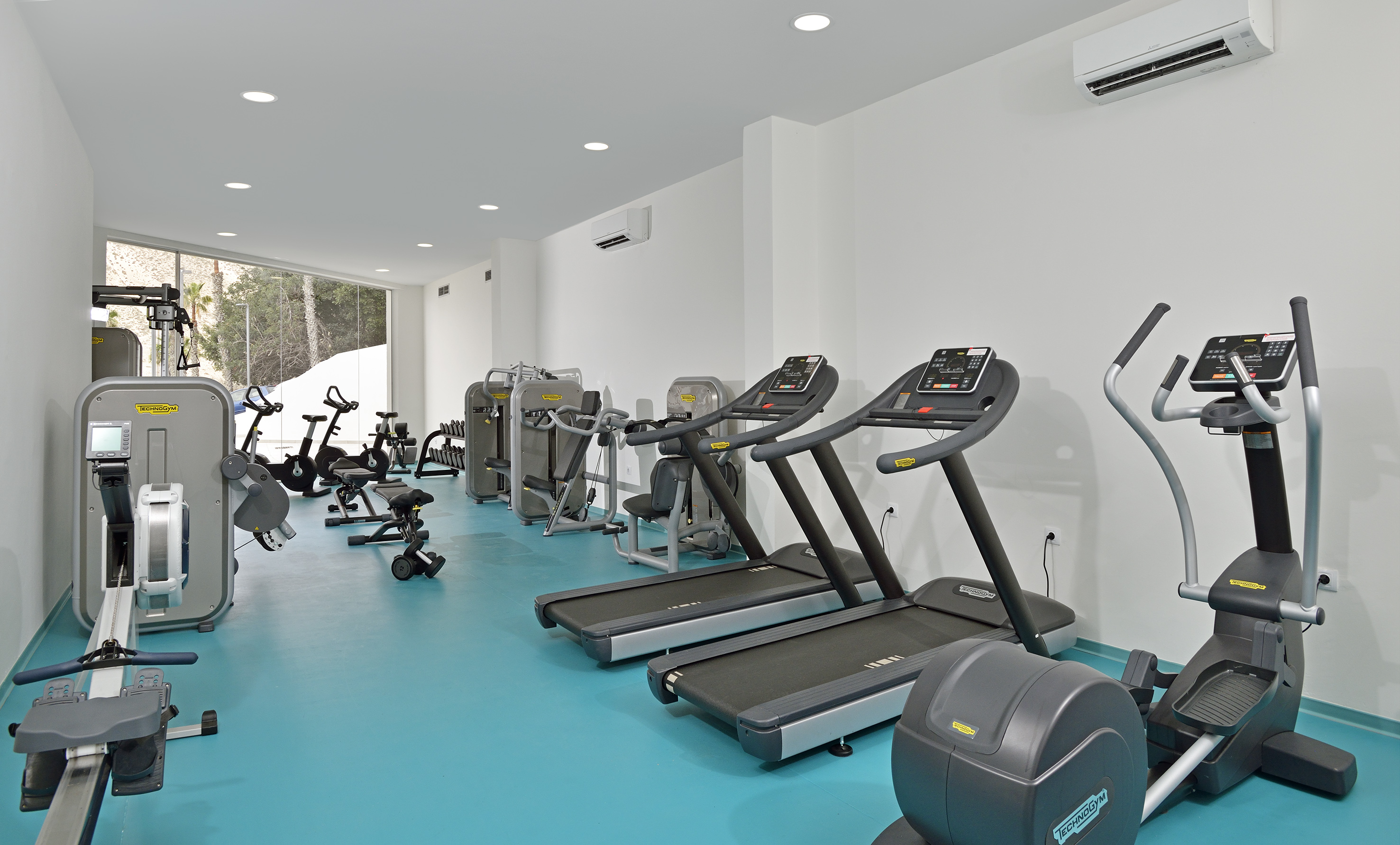 Modern gym with Technogym cardio, treadmills, and weight machines.