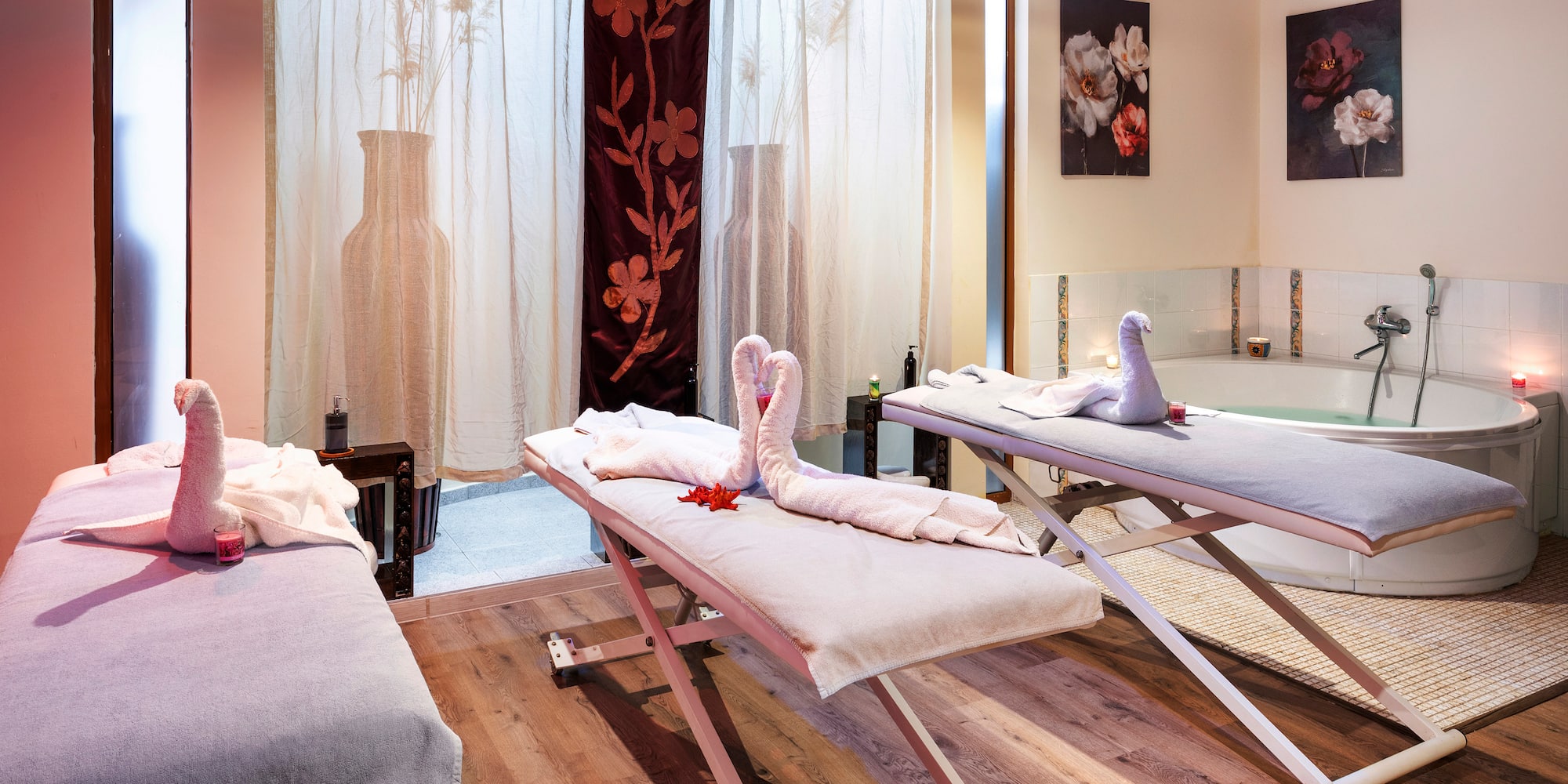 a massage table with towels and towels on it