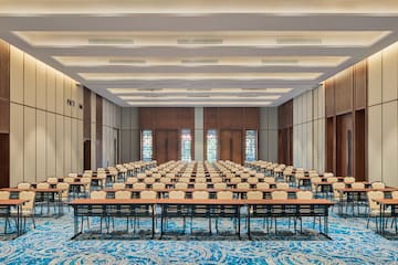 a room with tables and chairs
