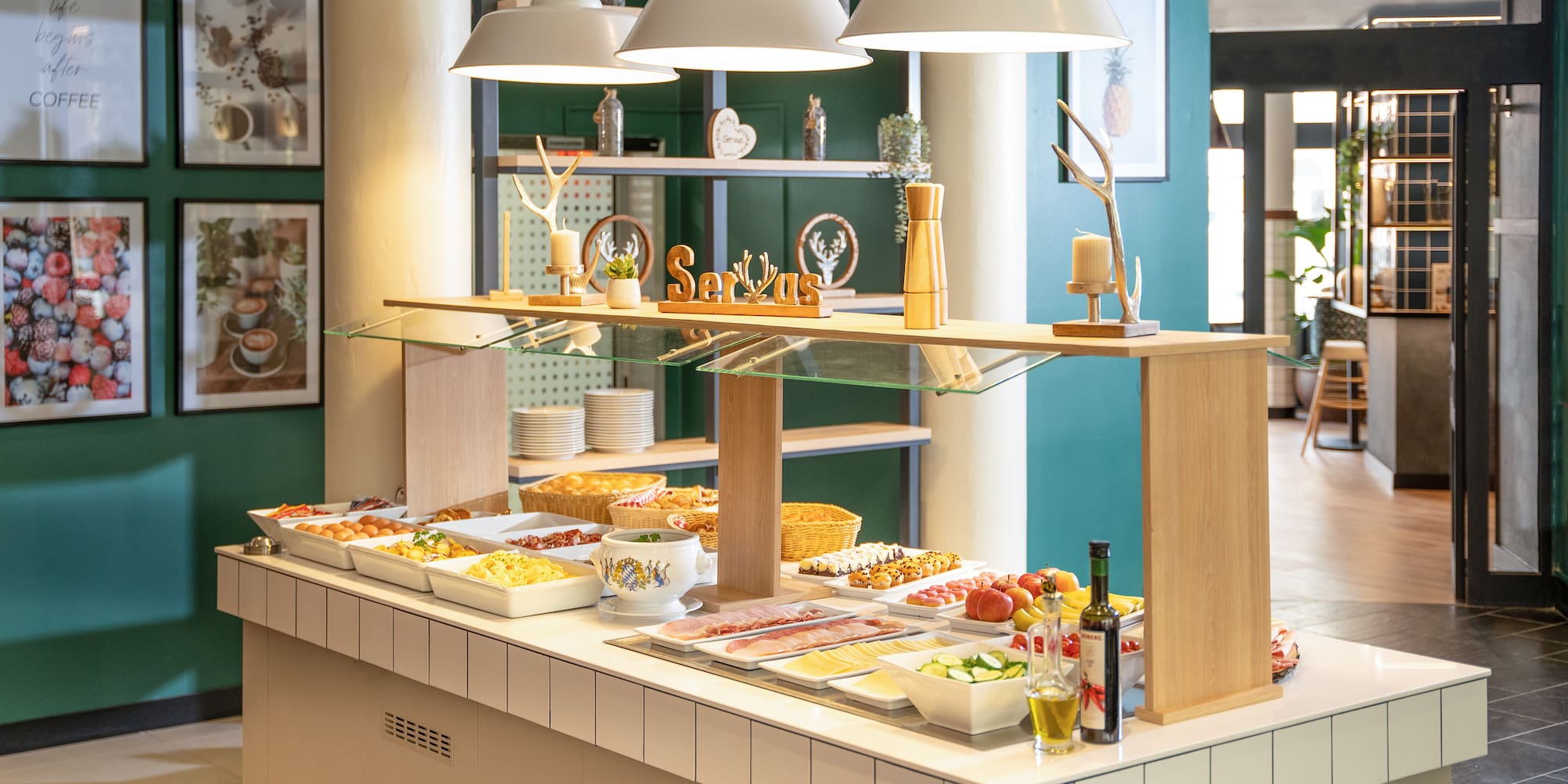 a buffet table with food on it