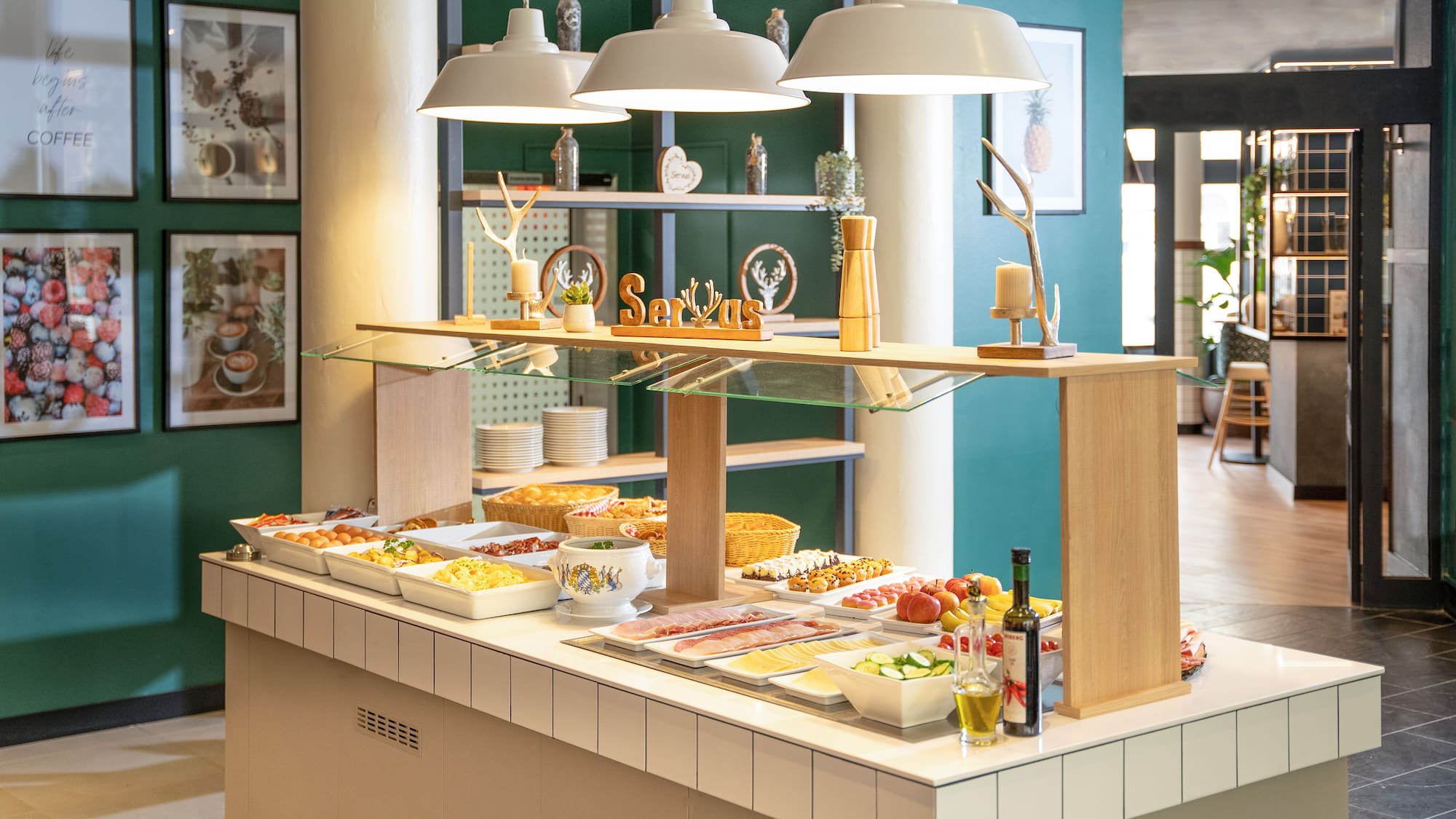 a buffet table with food on it