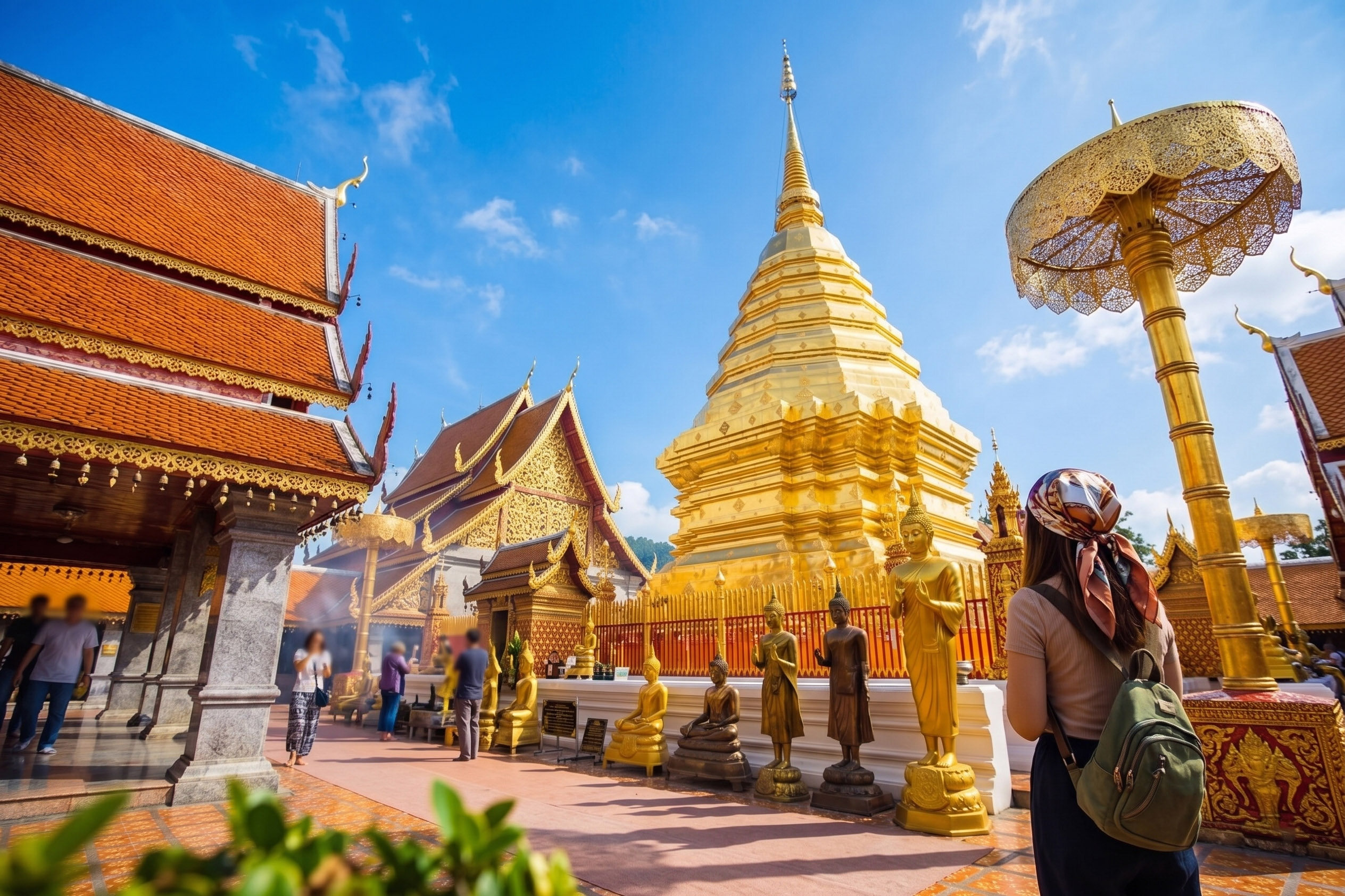 Golden stupa and ornate Thai temple at Wat Phra That Doi Suthep.