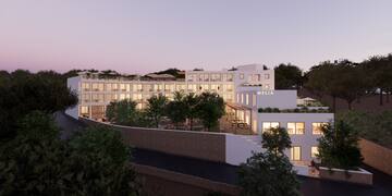 a building with trees around it