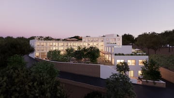 a building with trees around it