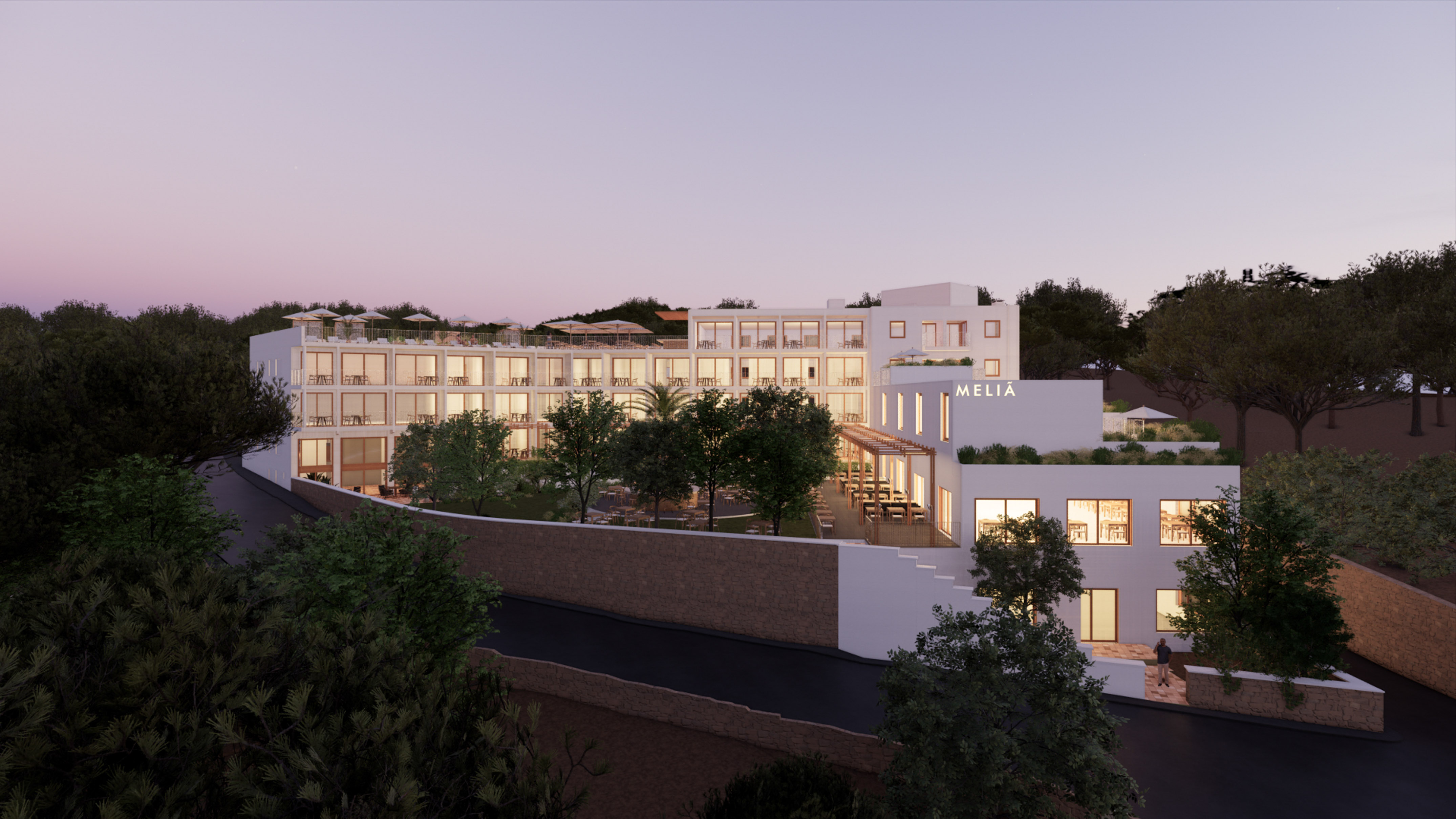 a building with trees around it