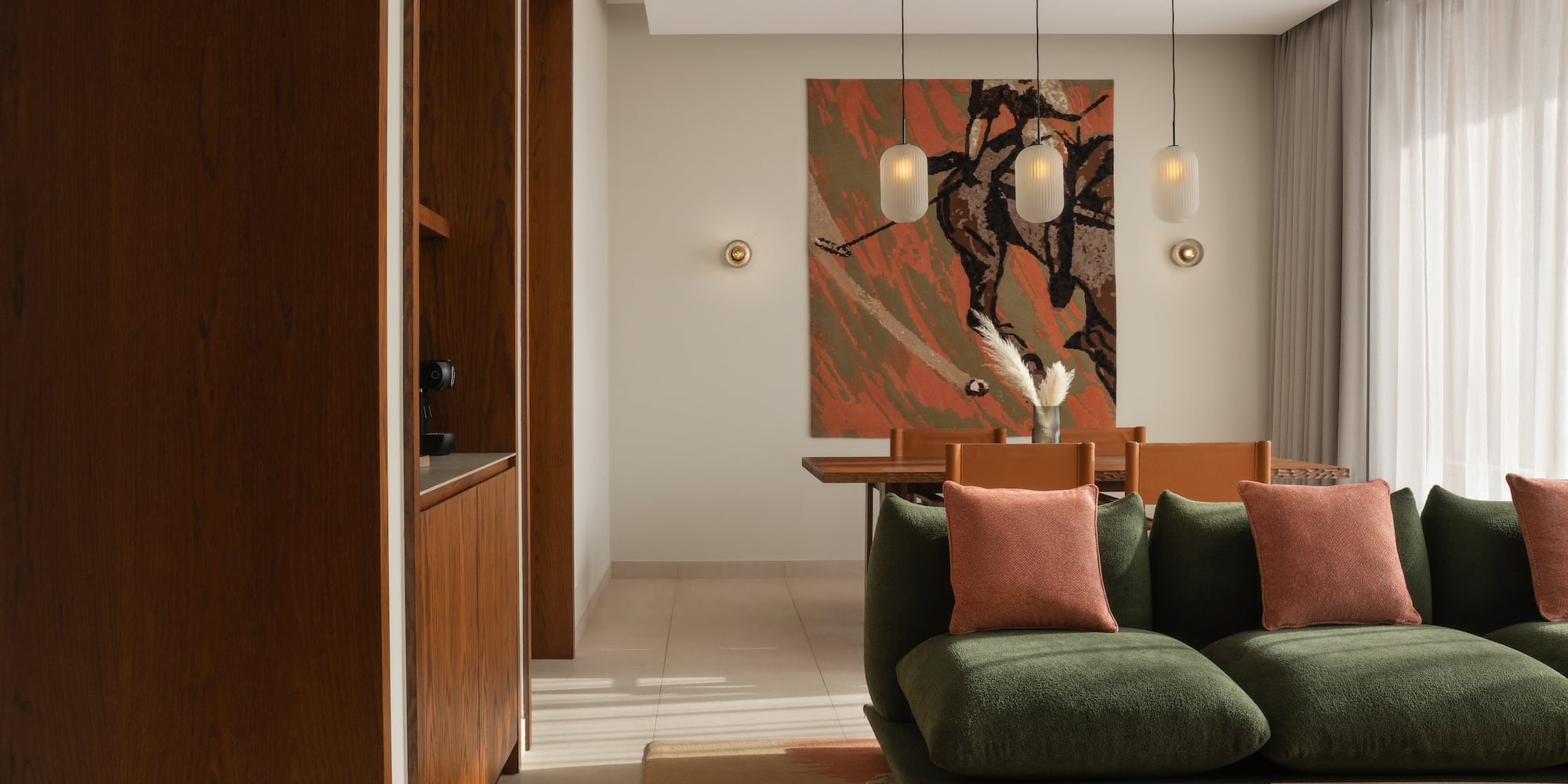 a living room with a couch and a table