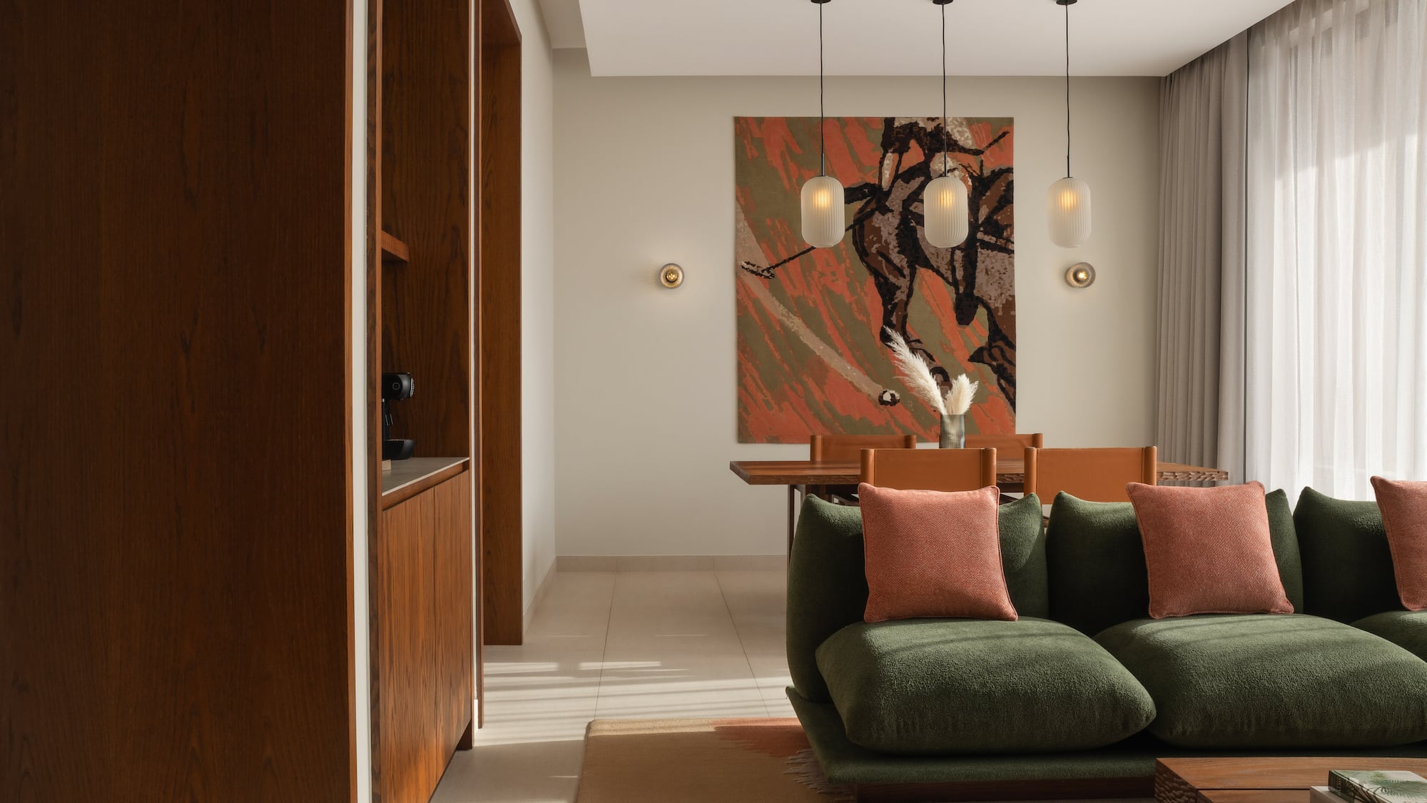 a living room with a couch and a table