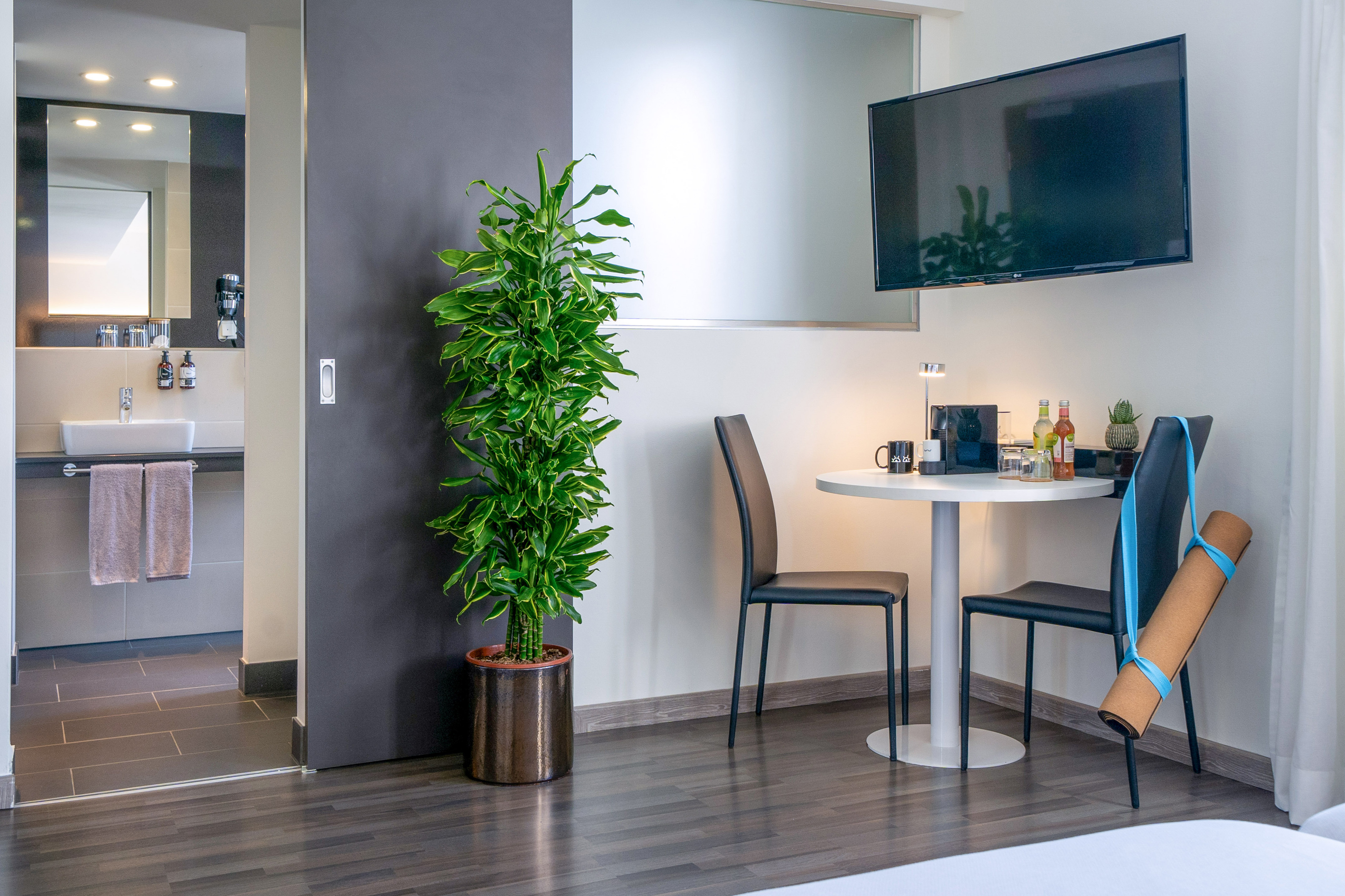 Contemporary hotel room with dining area, TV, plant, and yoga mat. Bathroom.