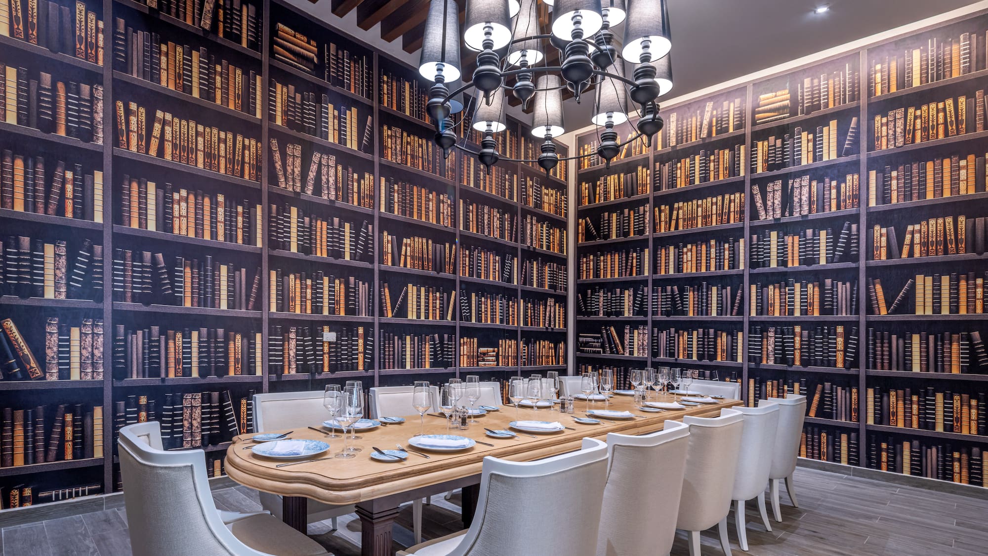 a room with a table and chairs