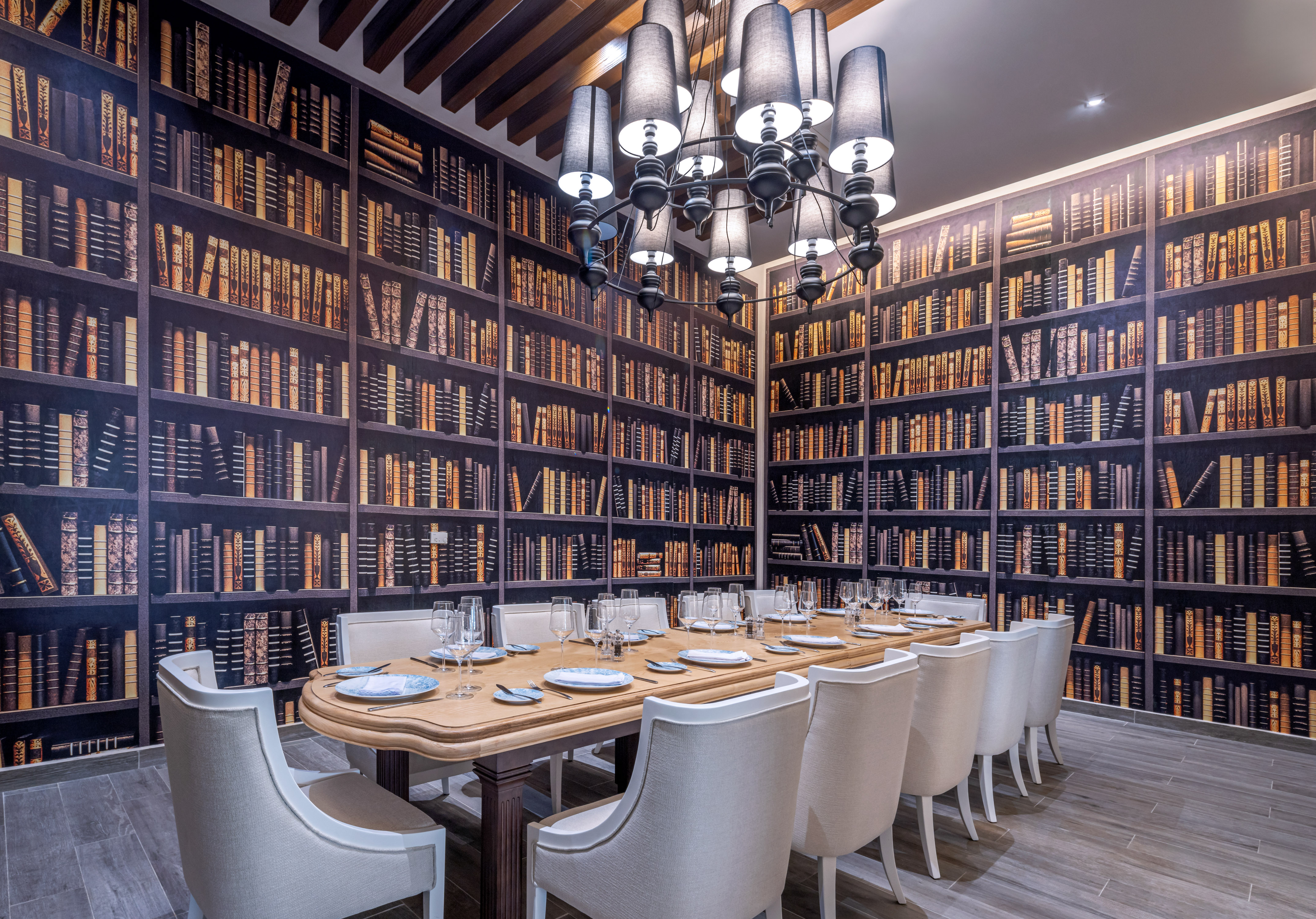 a room with a table and chairs