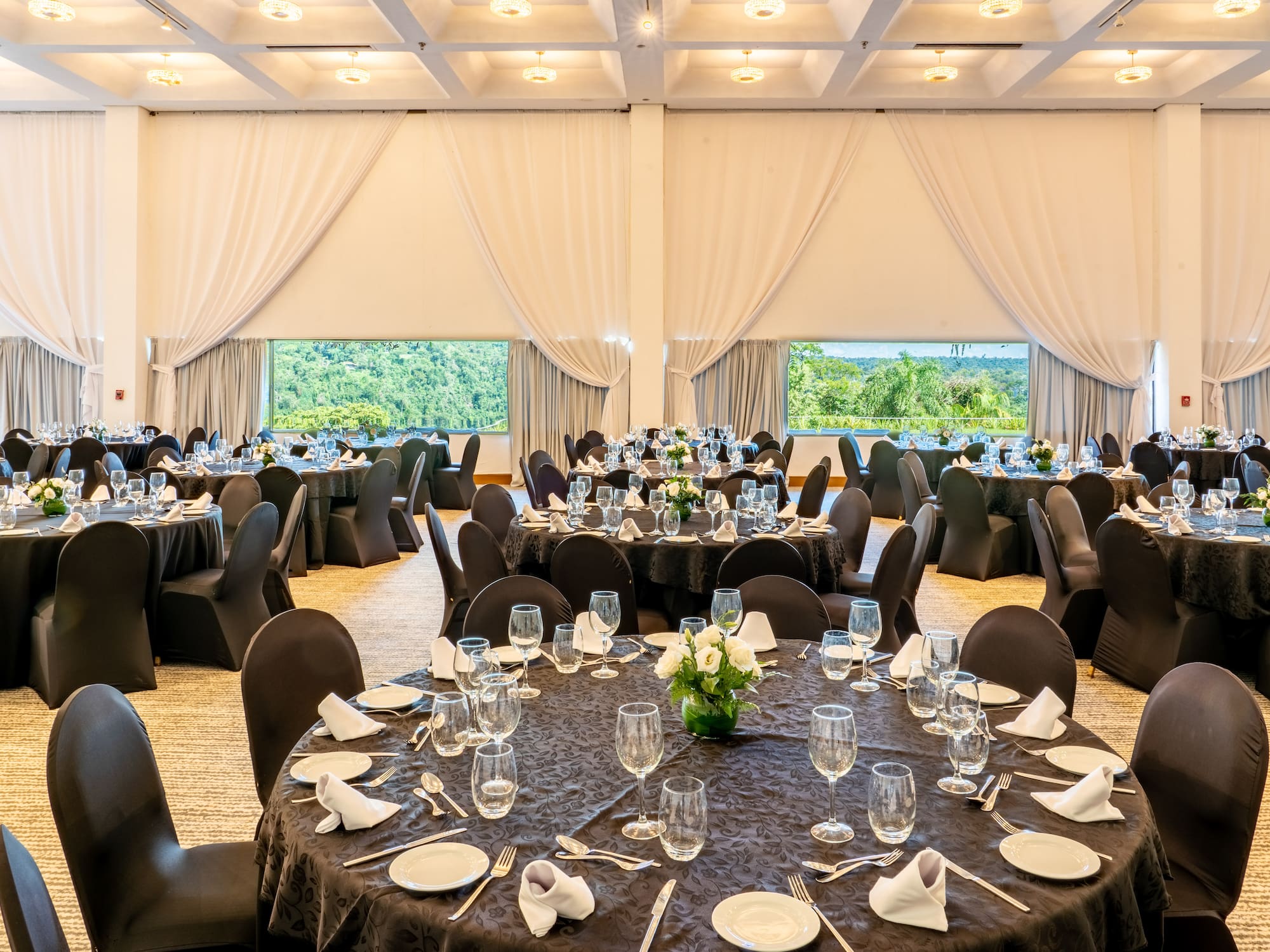 a large room with tables and chairs