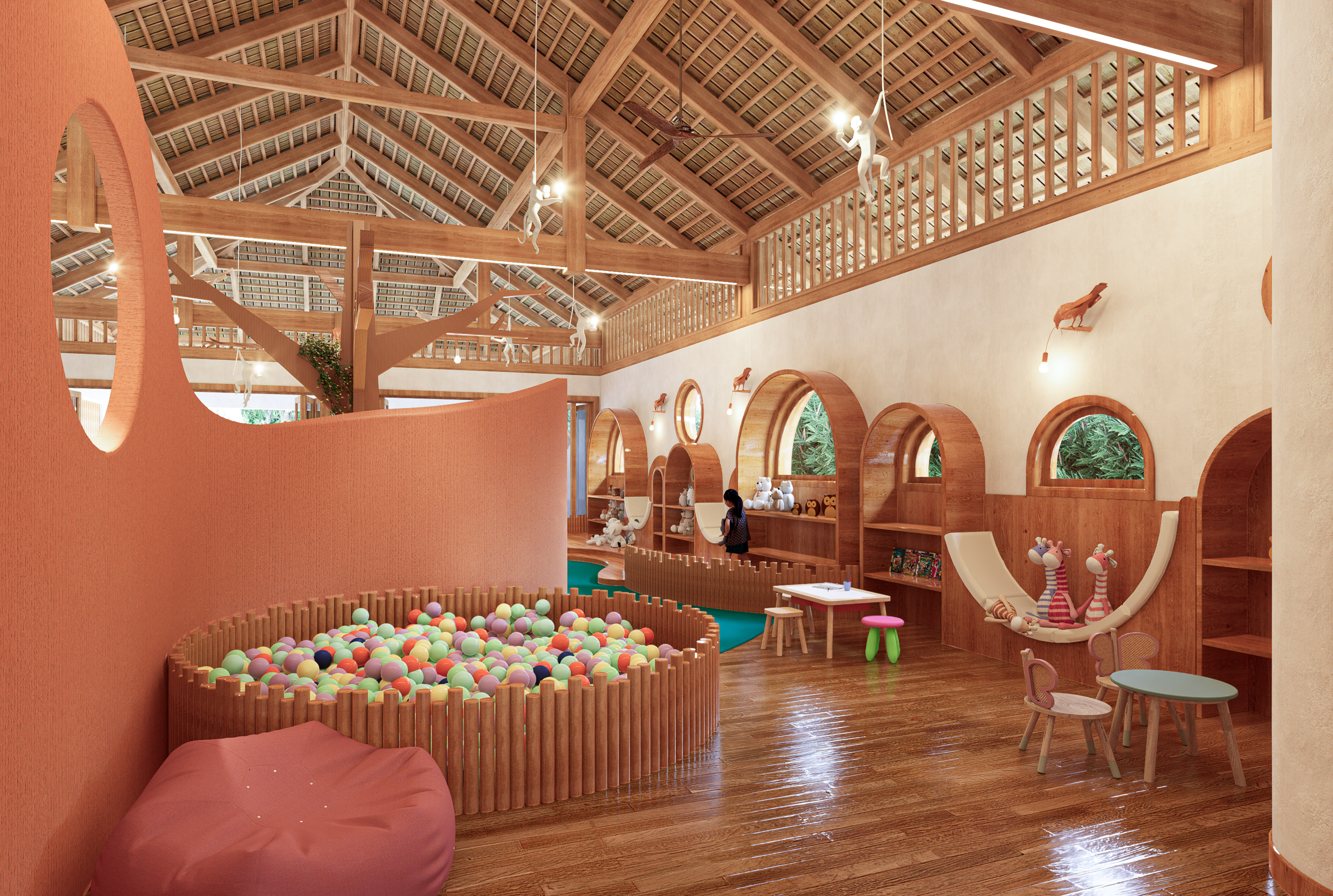 a room with a play area and a ball pit