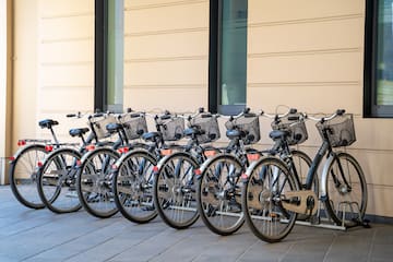 a row of bicycles parked in front of a building