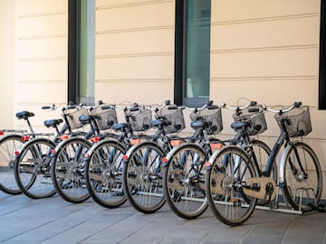 a row of bicycles parked in front of a building