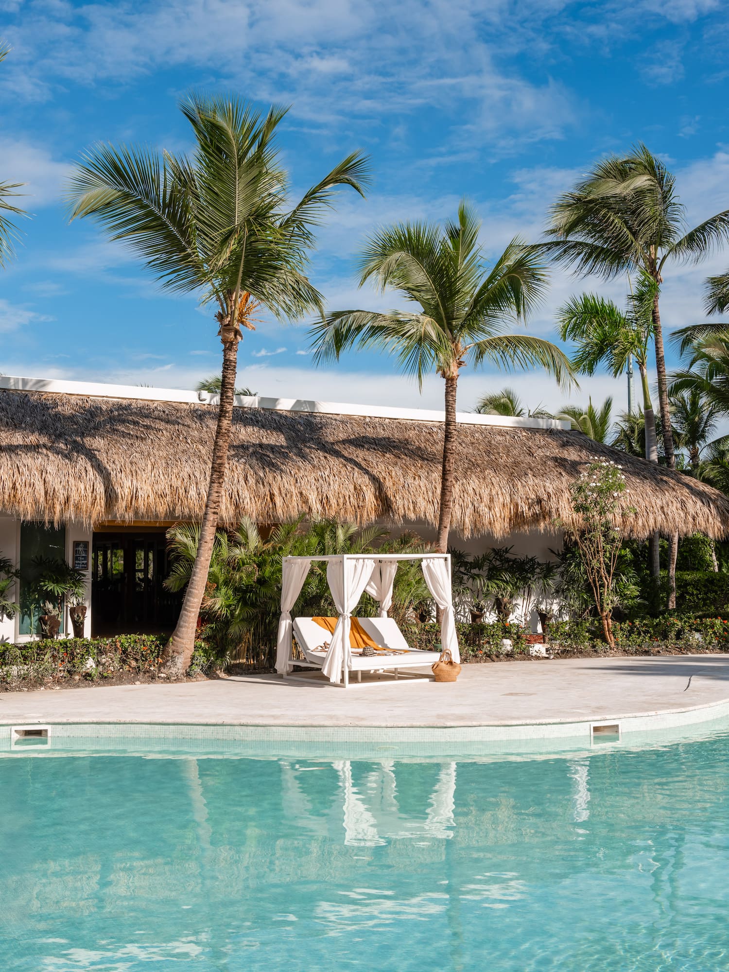 Luxury resort pool with palm trees, thatched roof, and canopy daybed.