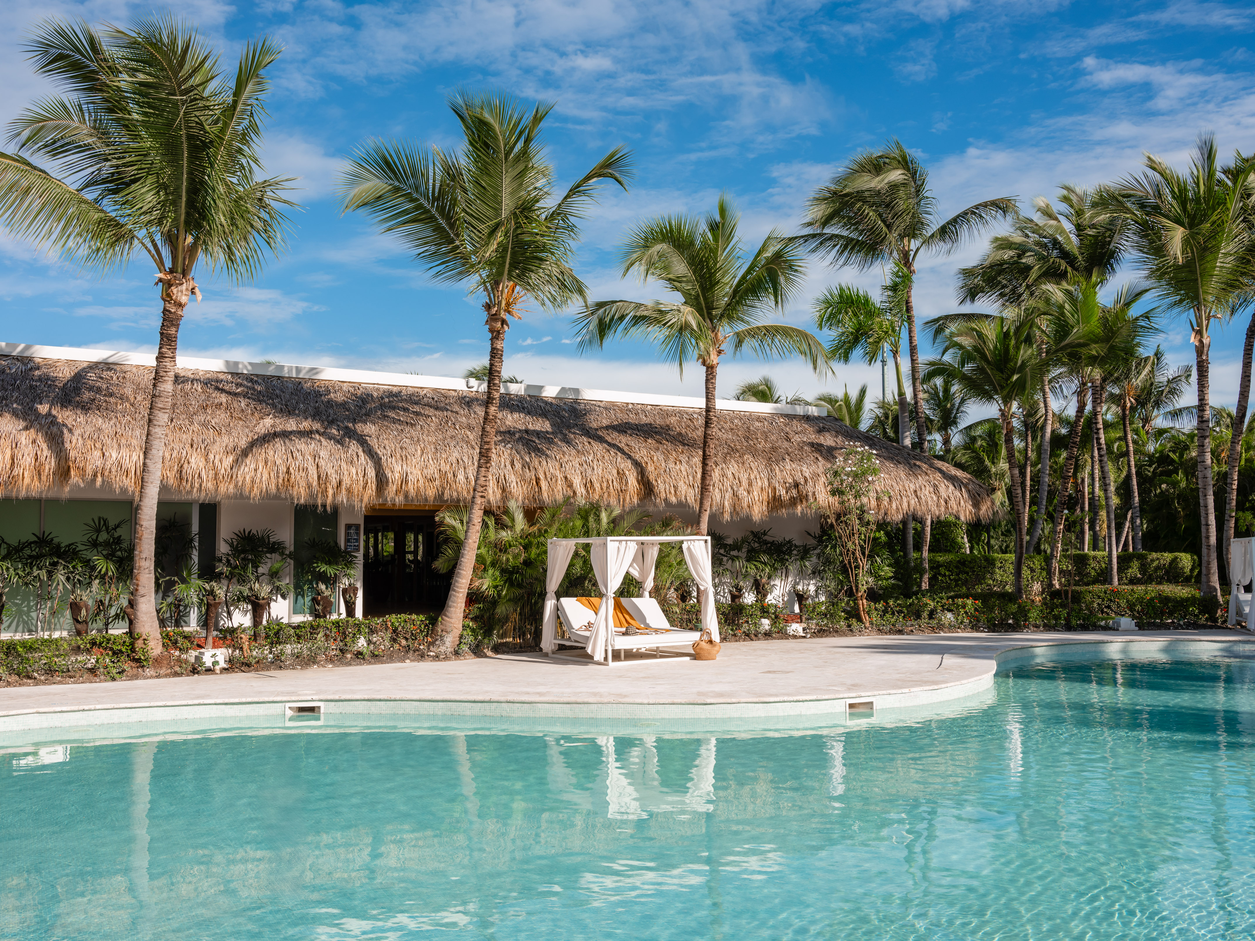 Tropical resort pool with palm trees, thatched roof building, and cabana.