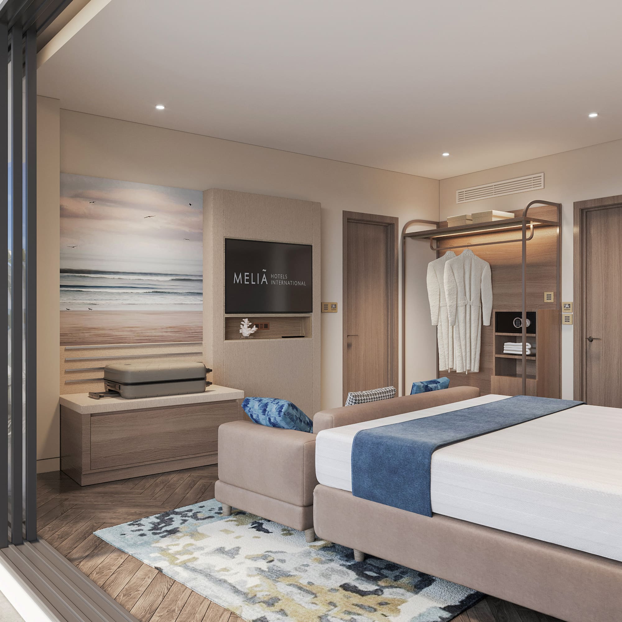 a bedroom with a bed and a wardrobe