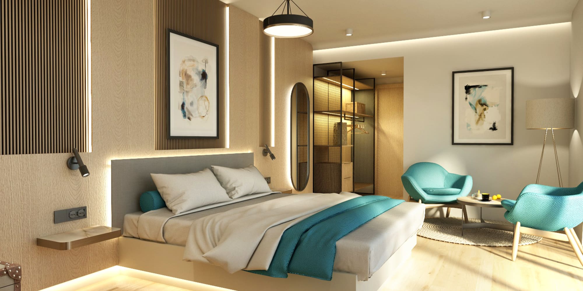 a bedroom with a bed and a chair