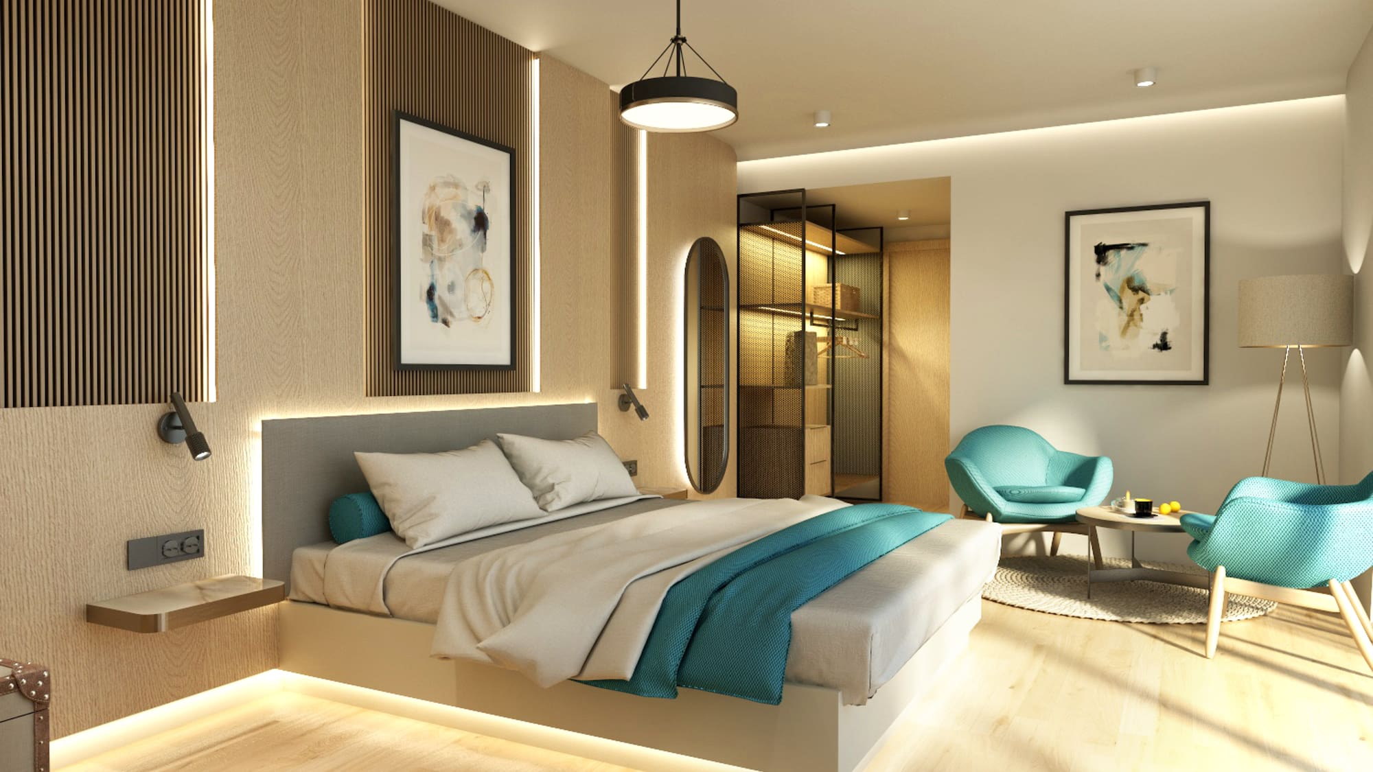 a bedroom with a bed and a chair