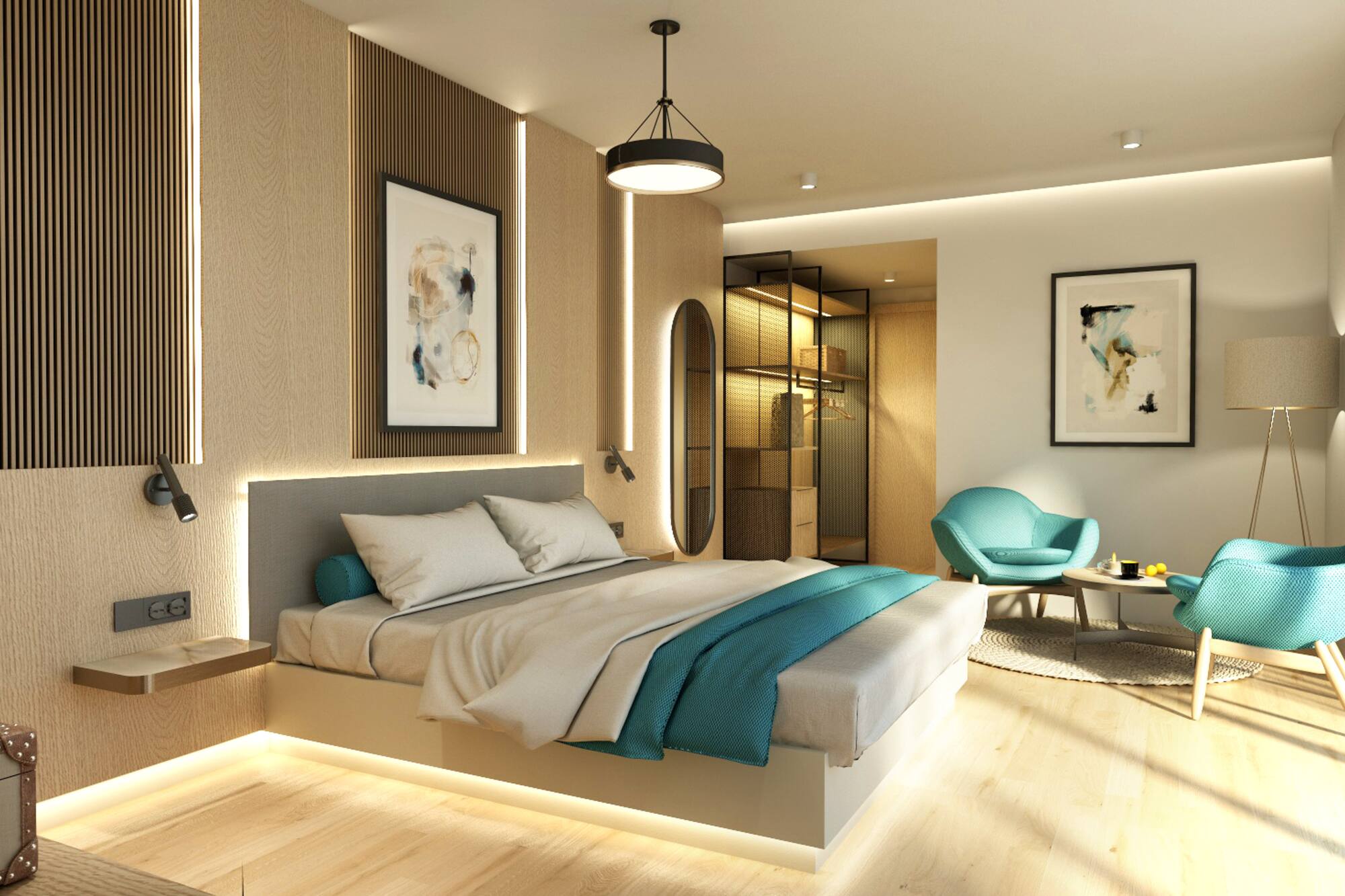 a bedroom with a bed and a chair