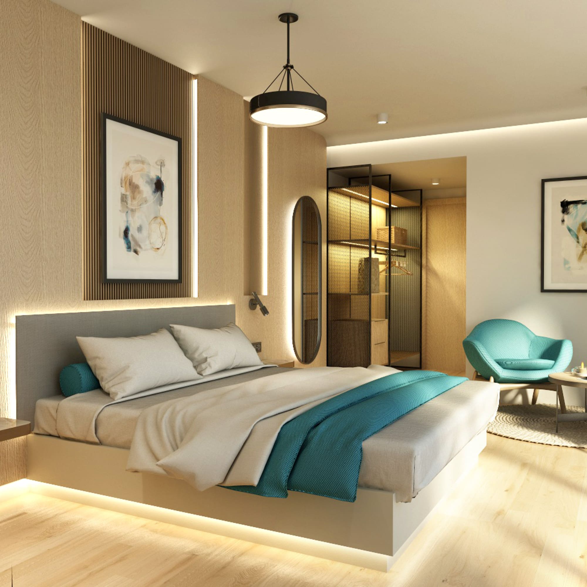 a bedroom with a bed and a chair