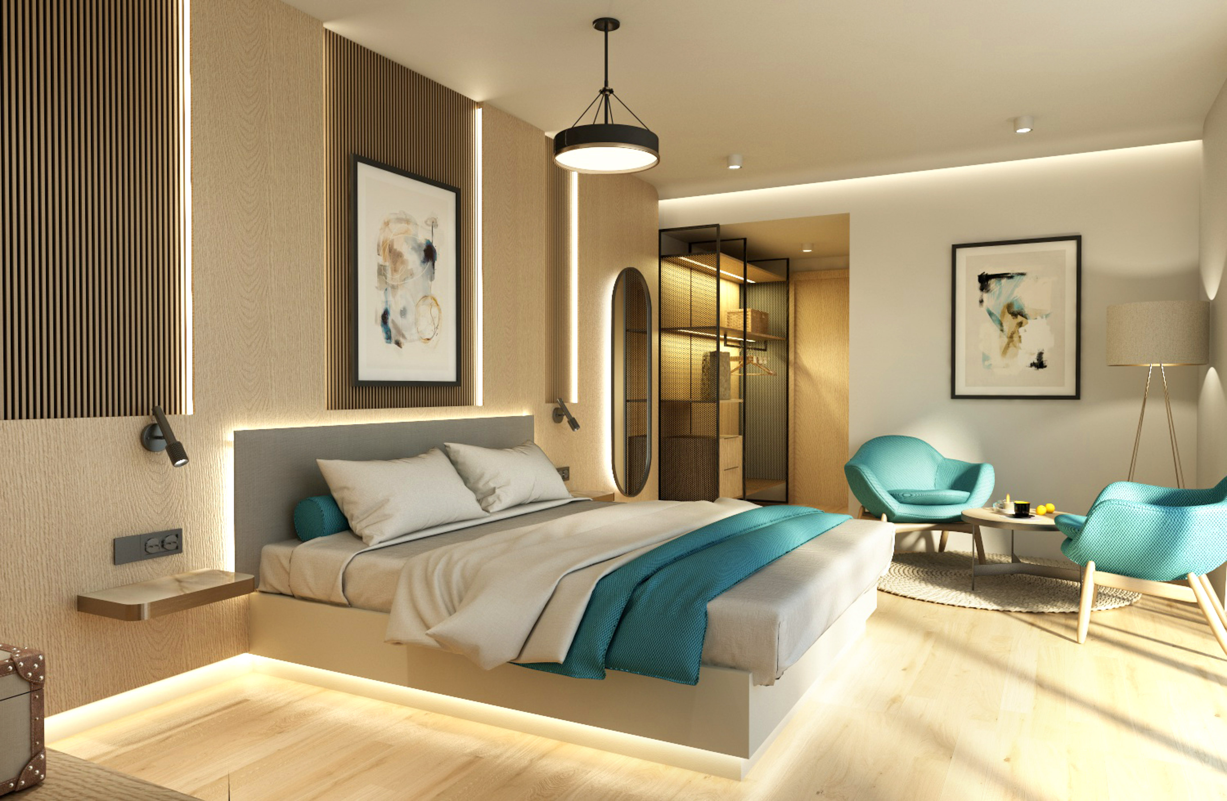 a bedroom with a bed and a chair