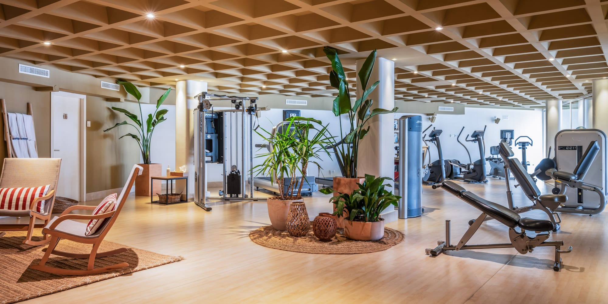 a gym with exercise equipment and plants