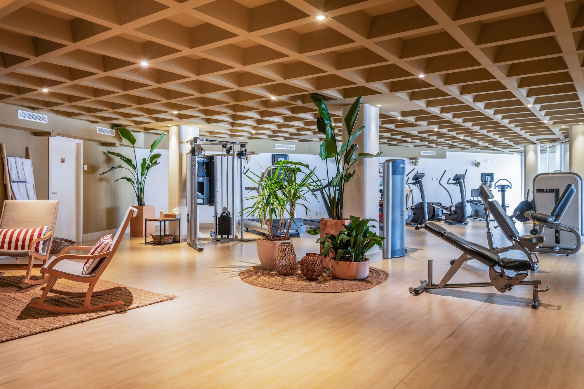 a gym with exercise equipment and plants