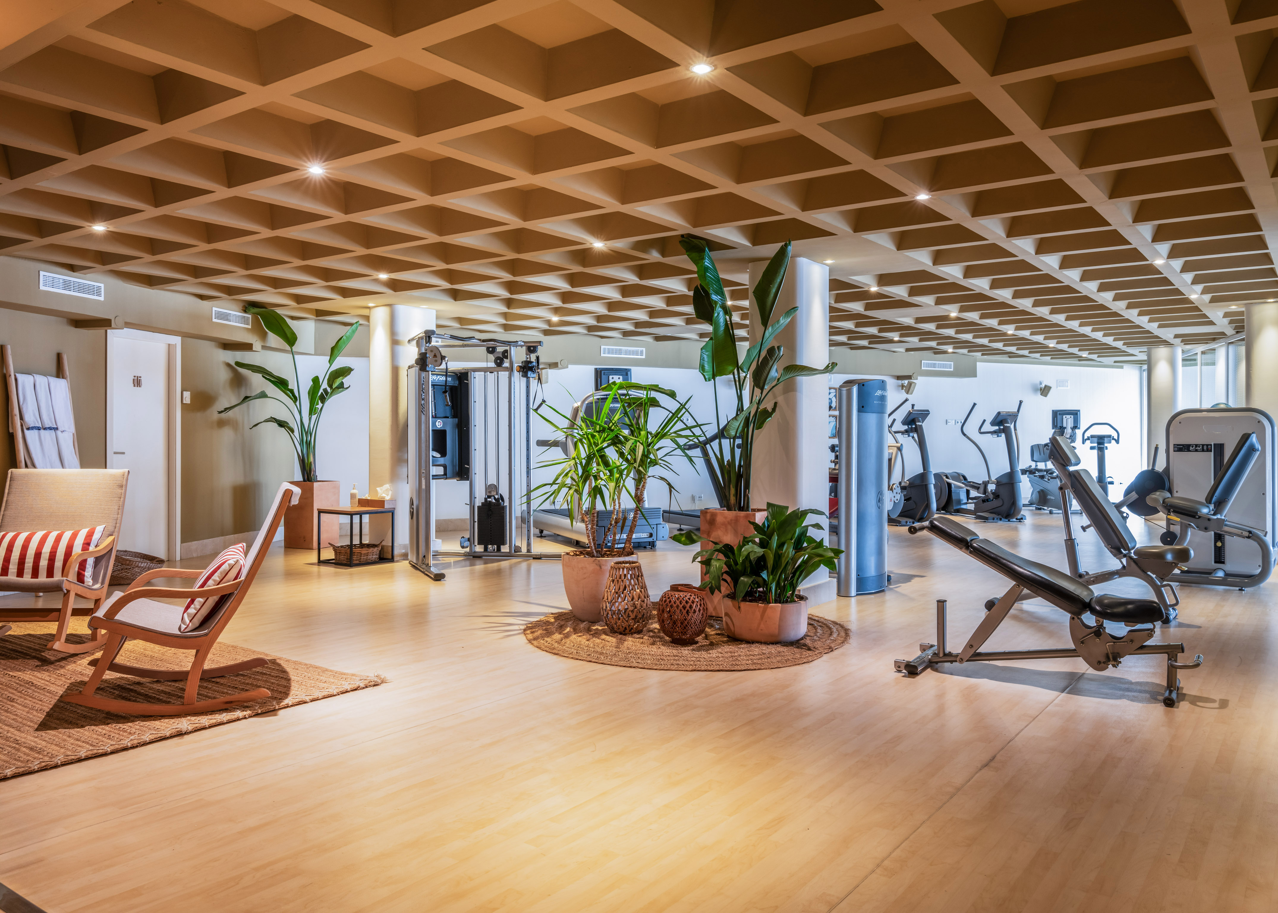 Hotel fitness center with exercise machines, wooden floor, and potted plants.