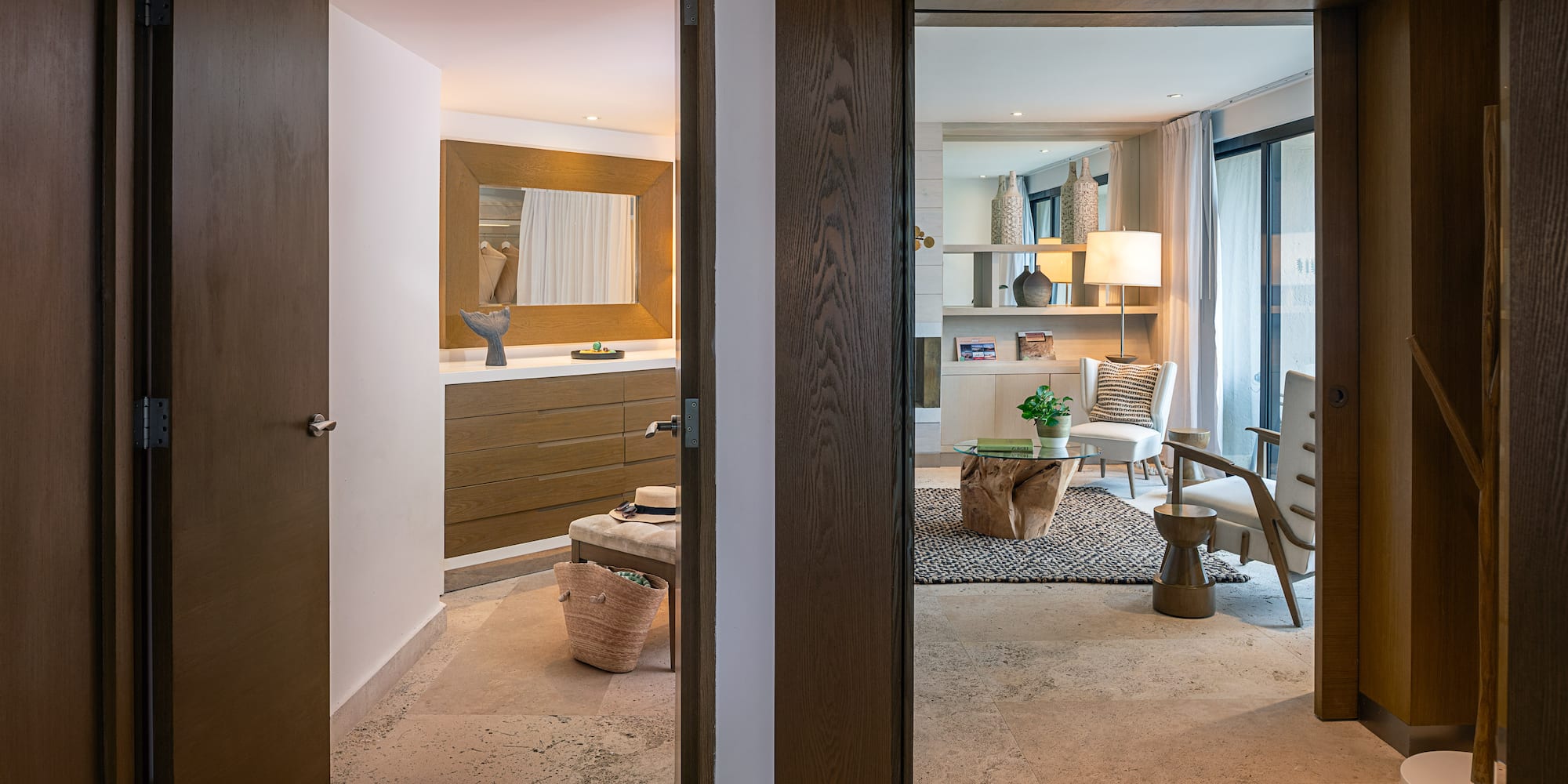 a room with a mirror and a table