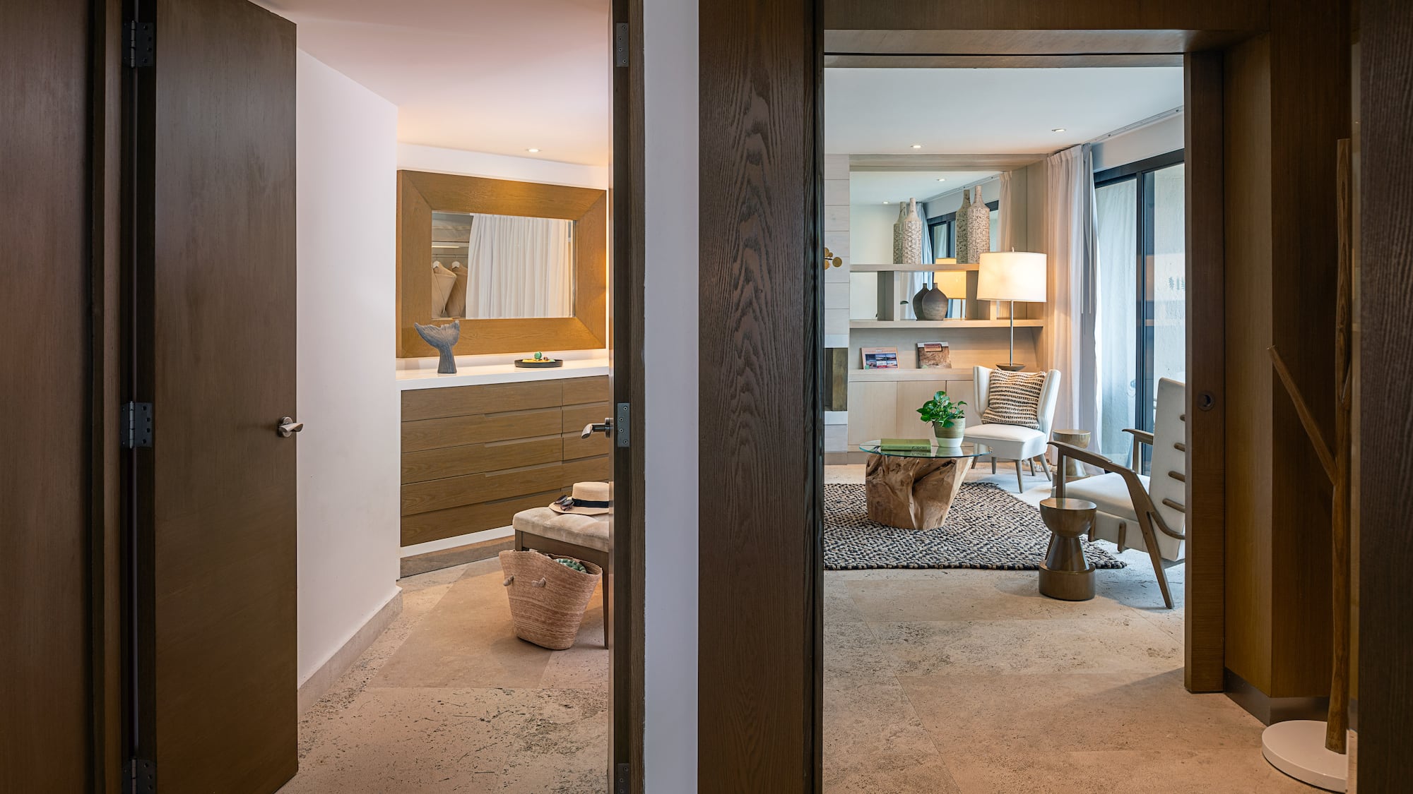 a room with a mirror and a table