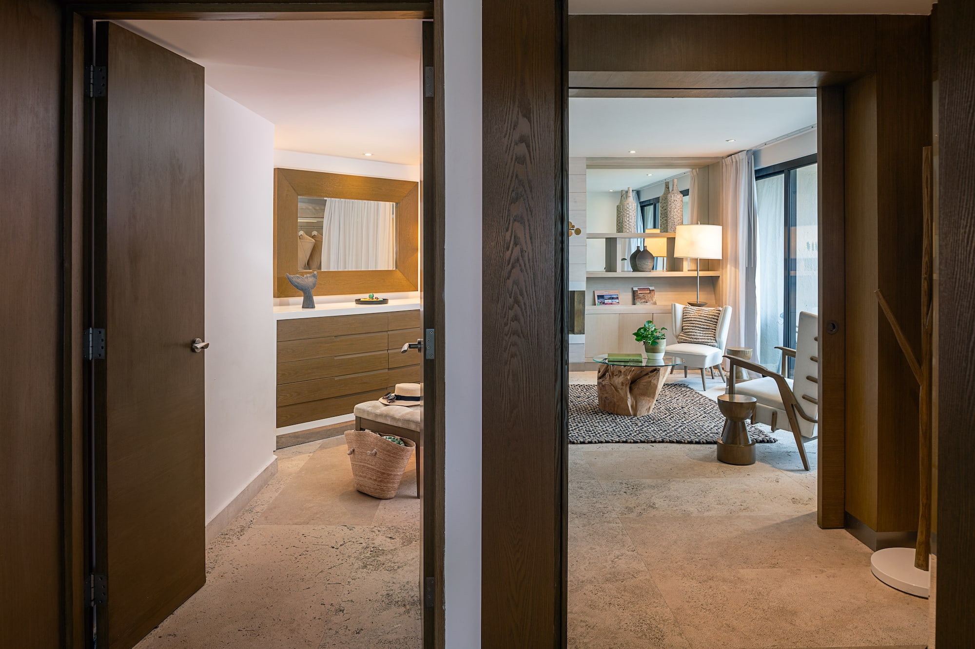 a room with a mirror and a table