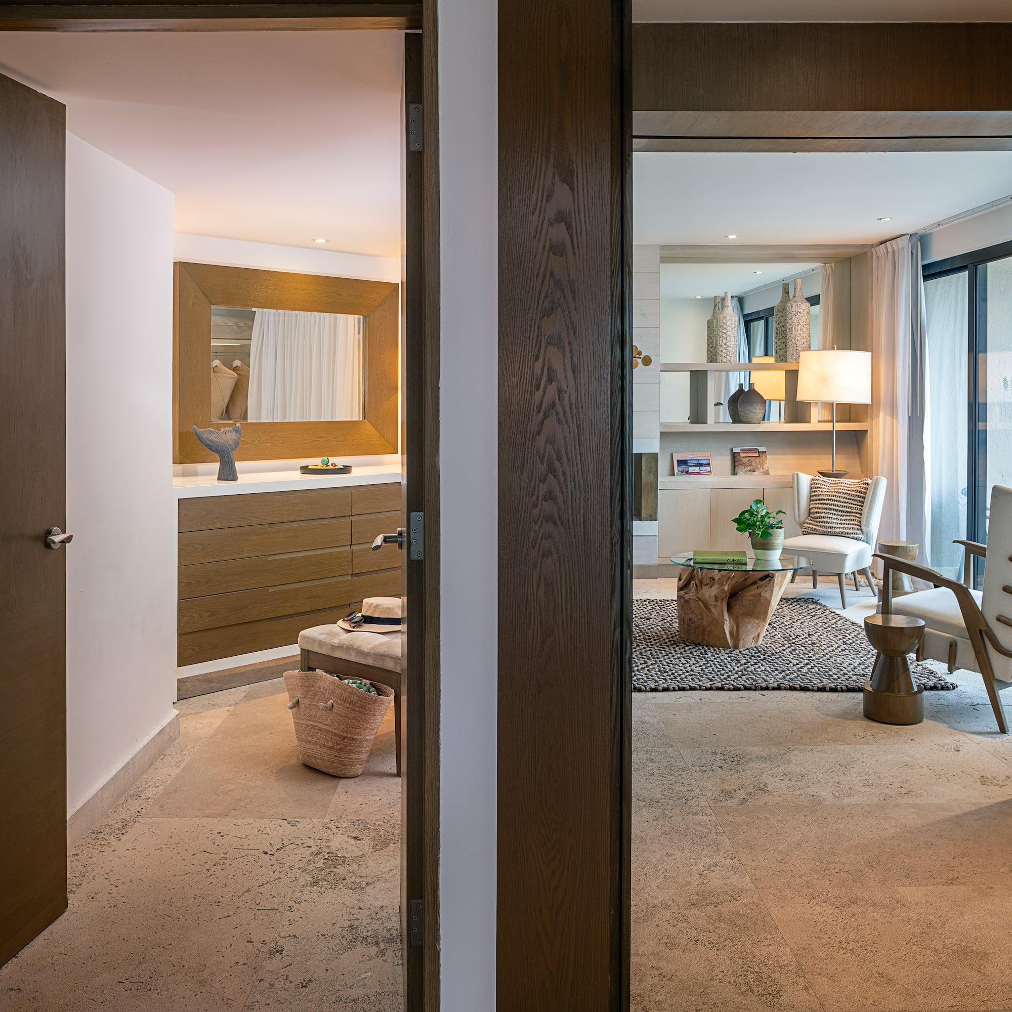 a room with a mirror and a table