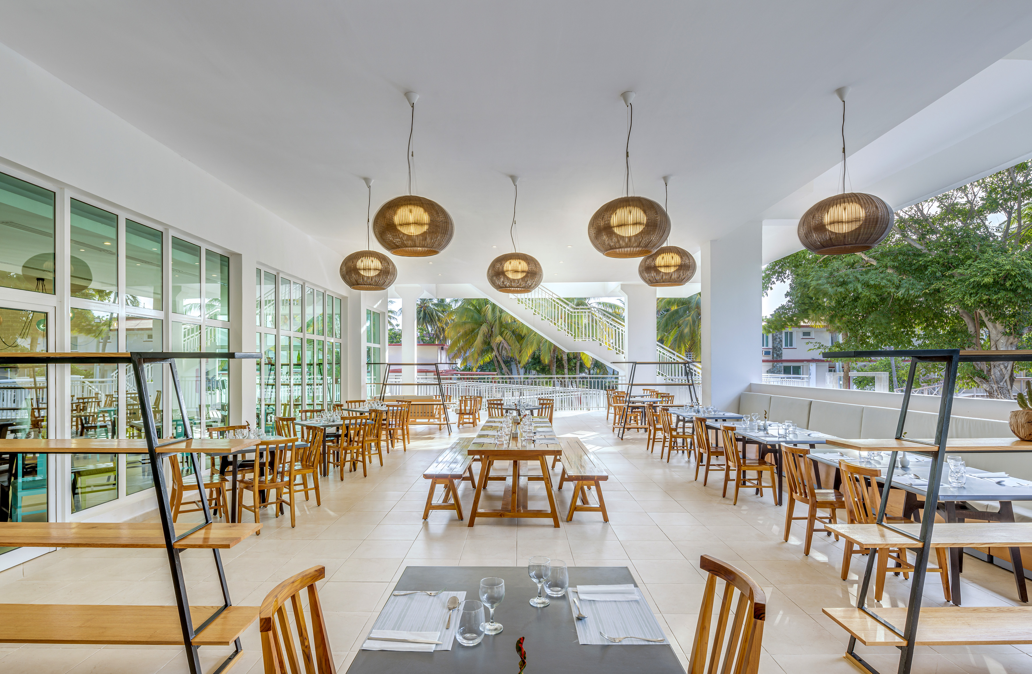a room with tables and chairs