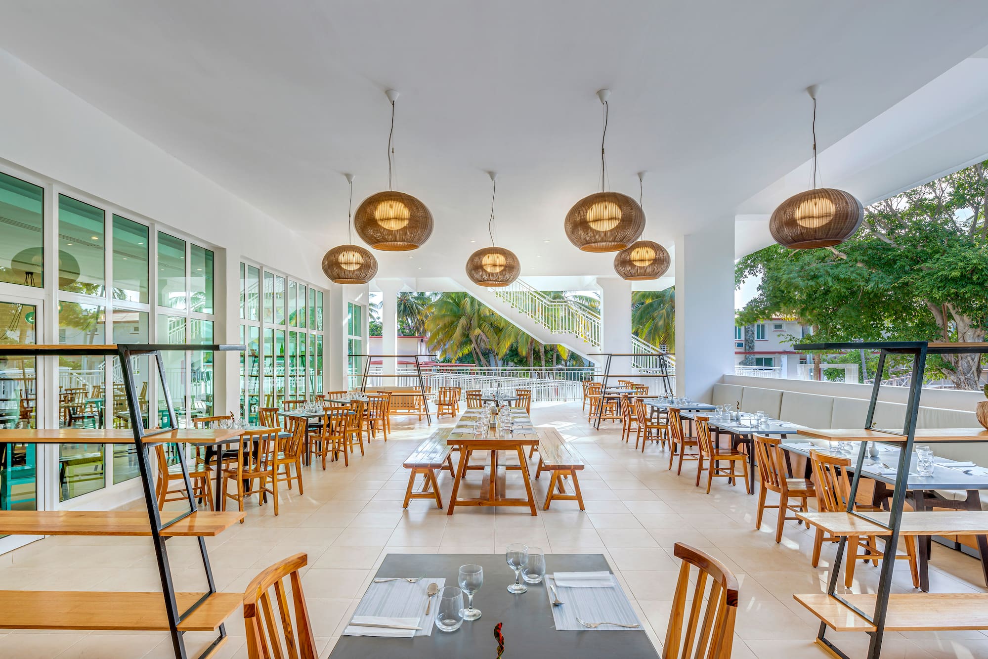 a room with tables and chairs