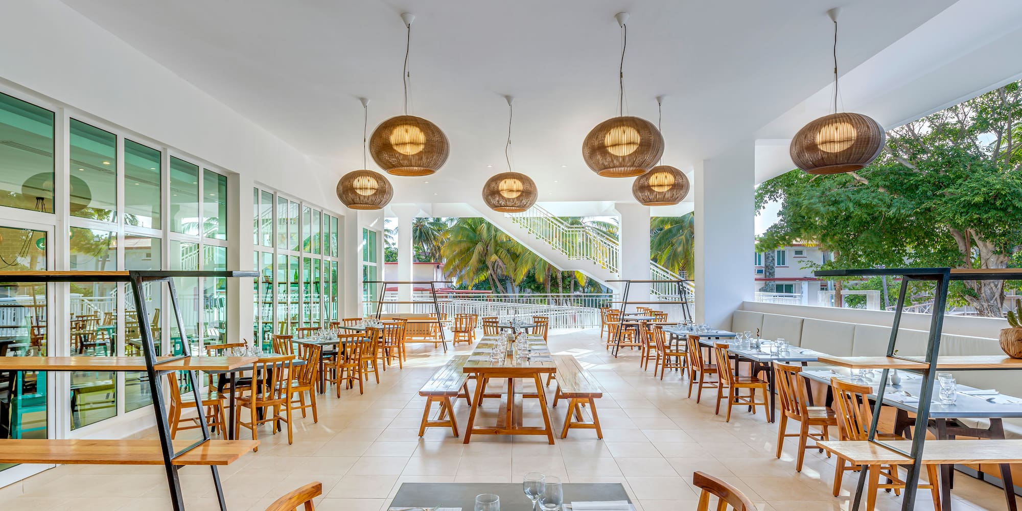 a room with tables and chairs